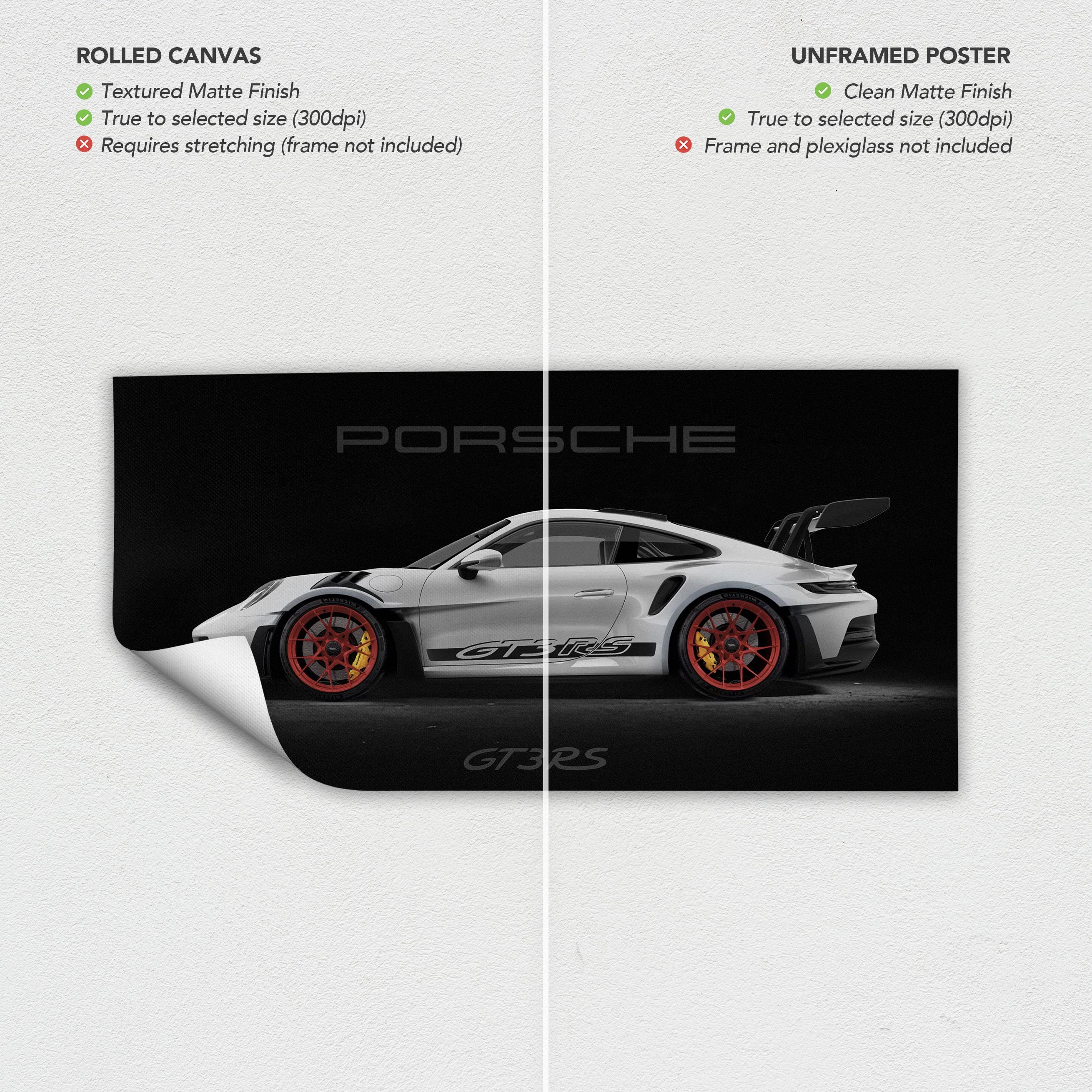 Porsche 911 GT3 RS Framed Canvas | Poster Wall Art Print | Sports Car Decor | Black & White Man Cave, Office Wall Art