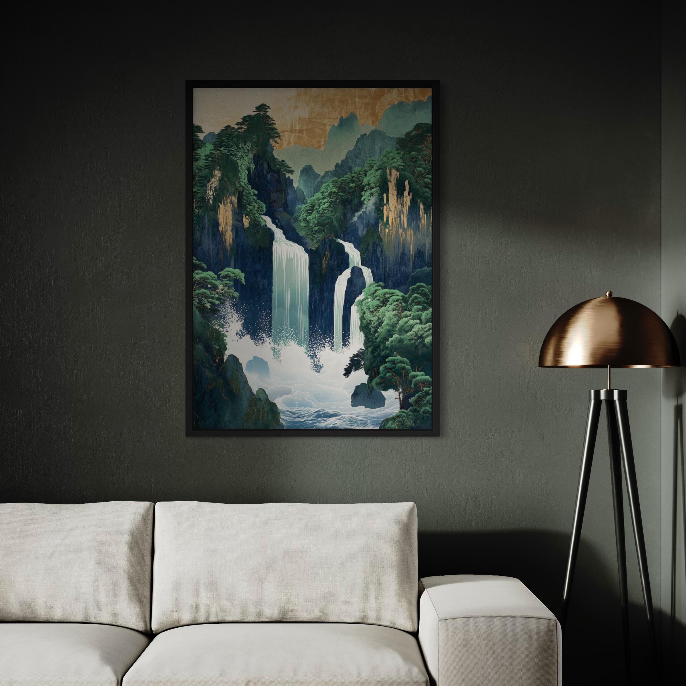 Hokusai Japanese Waterfall | Ukiyo-e Landscape | Green Japanese Canvas Art | Poster Print