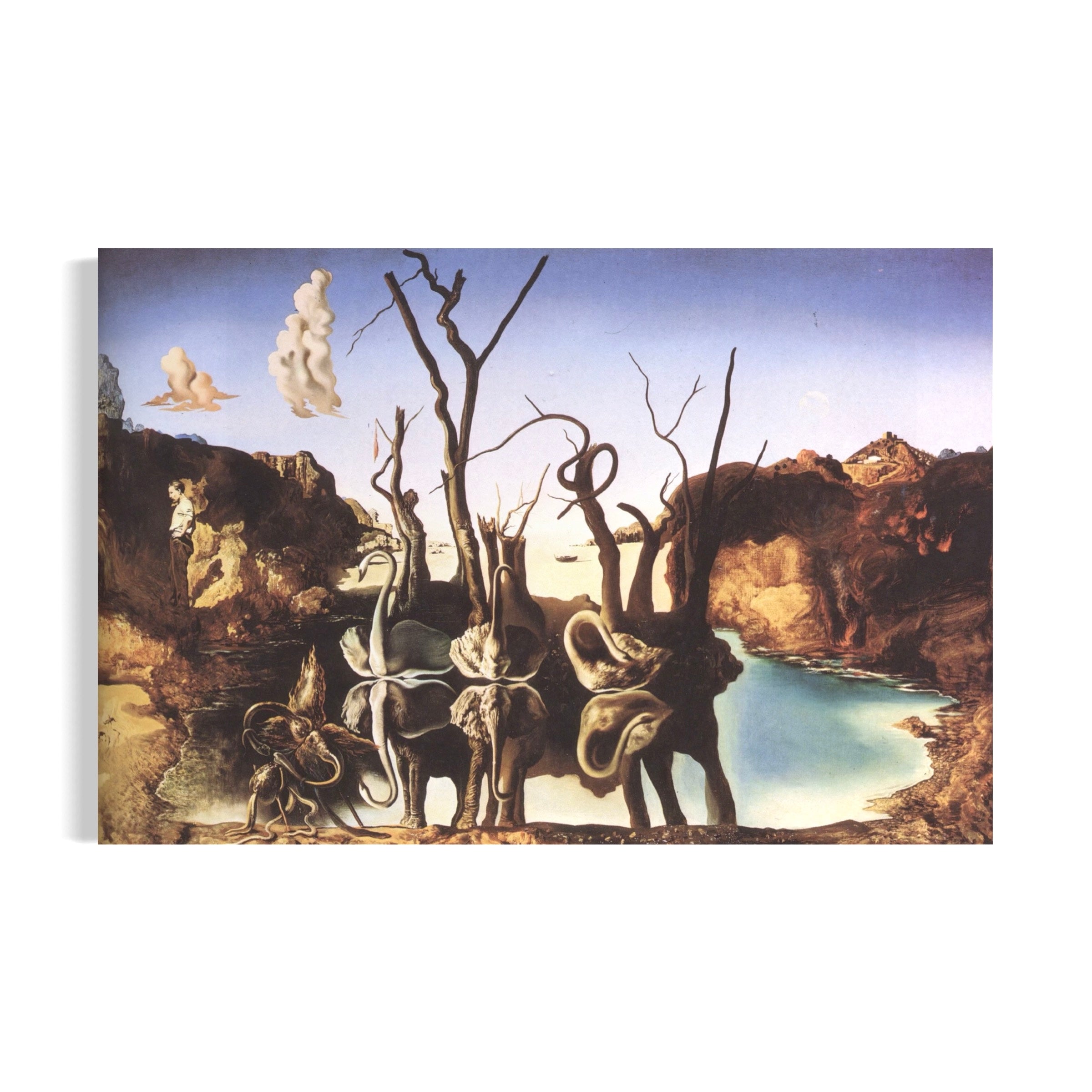 The image is a surreal painting depicting a group of surrealistic figures in a landscape setting, with a body of water and clouds in the background.