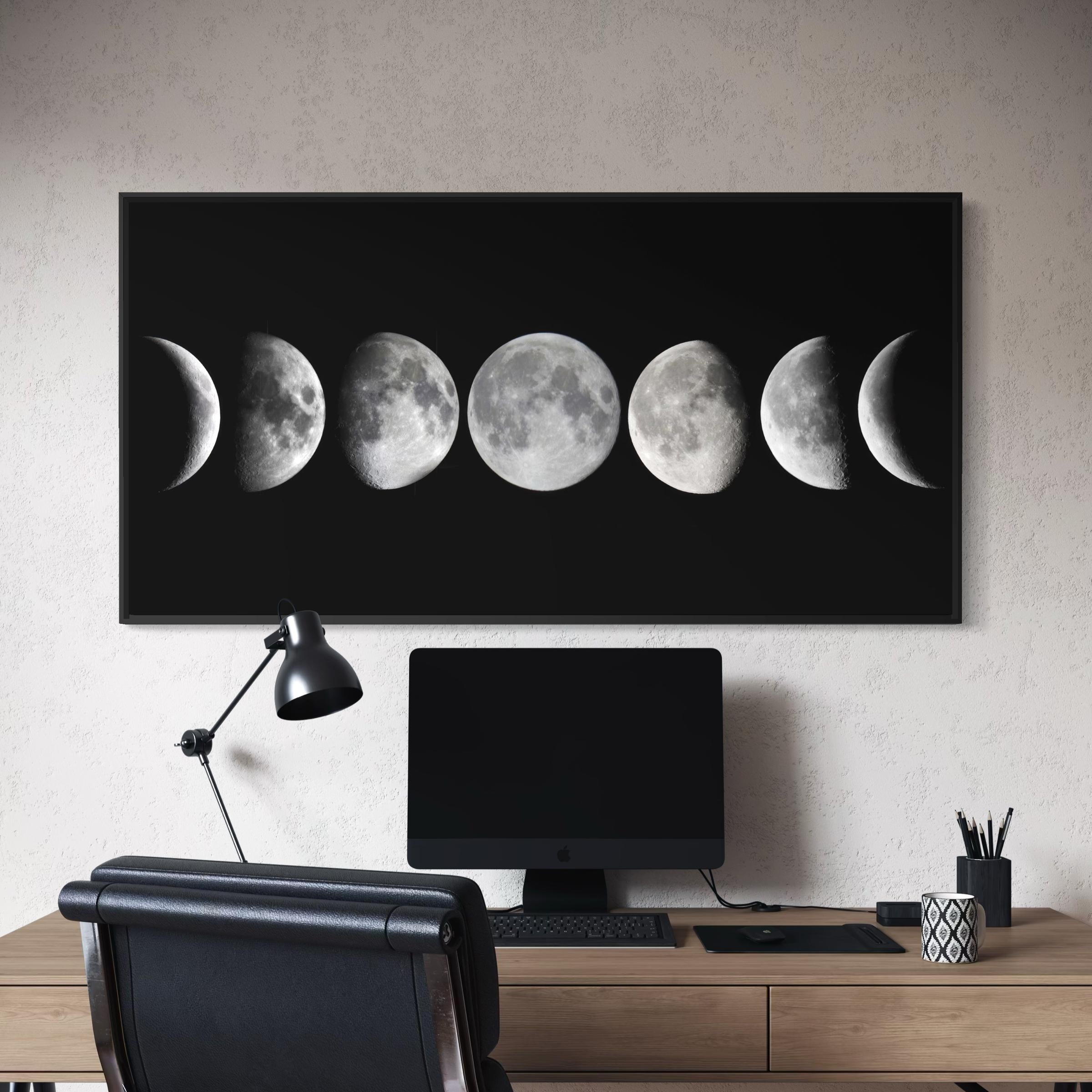 Lunar Phases Cycle | Black Minimalist Moon Astronomy Wall Art Canvas | Space Art Poster Print