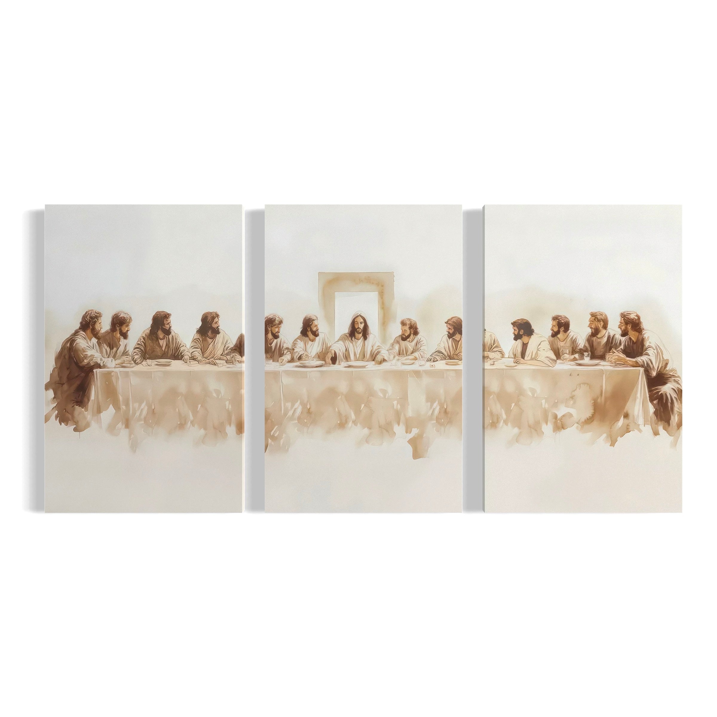 The image is a triptych depicting the Last Supper, with Jesus Christ and his twelve apostles gathered around a table.