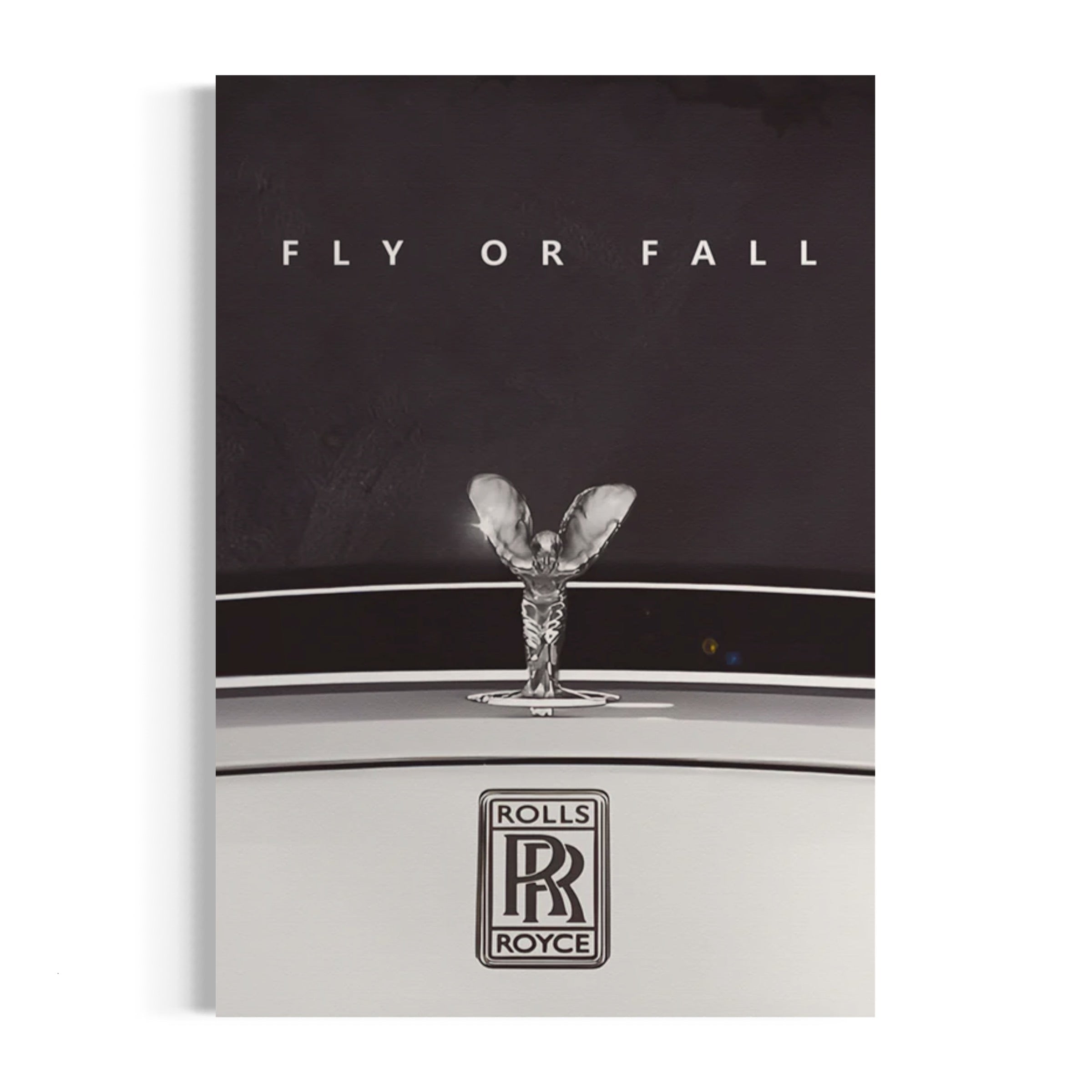 a black and white photo of a car with the words fly or fall on it