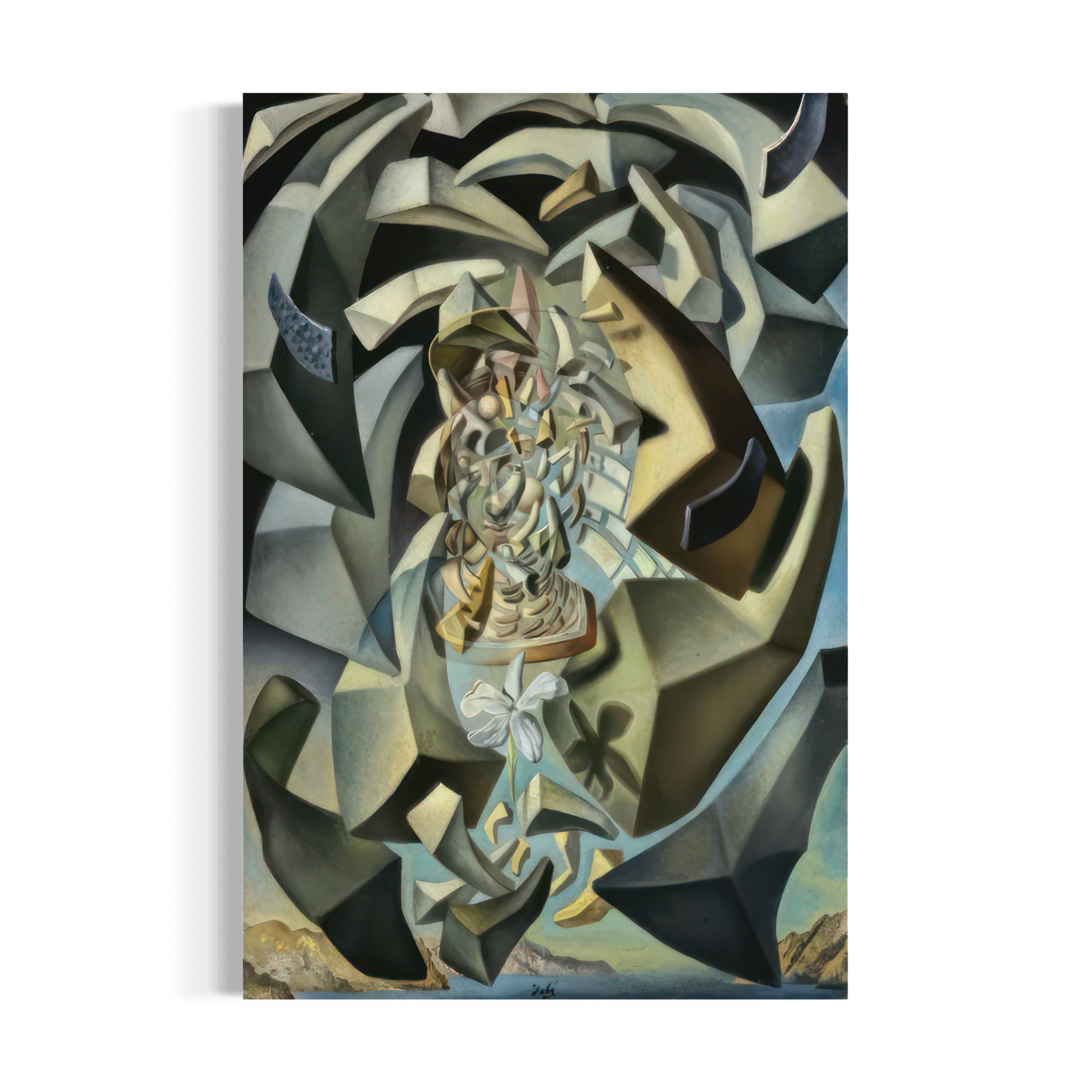 The image is an abstract painting featuring a complex arrangement of geometric shapes and forms in various shades of gray, black, and white.
