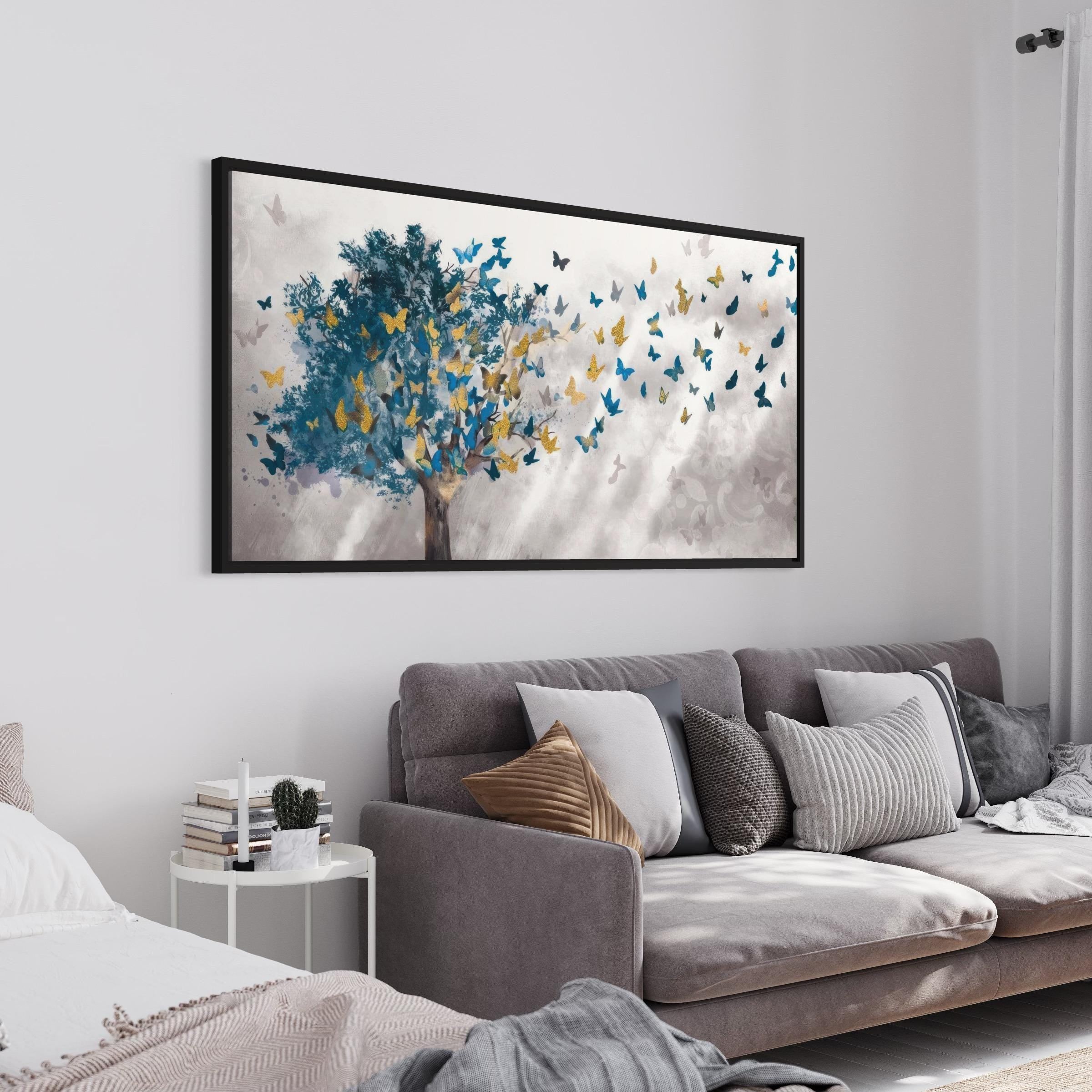 Golden Blue Butterfly Tree | Abstract Nature-Inspired Canvas Art | Poster Print