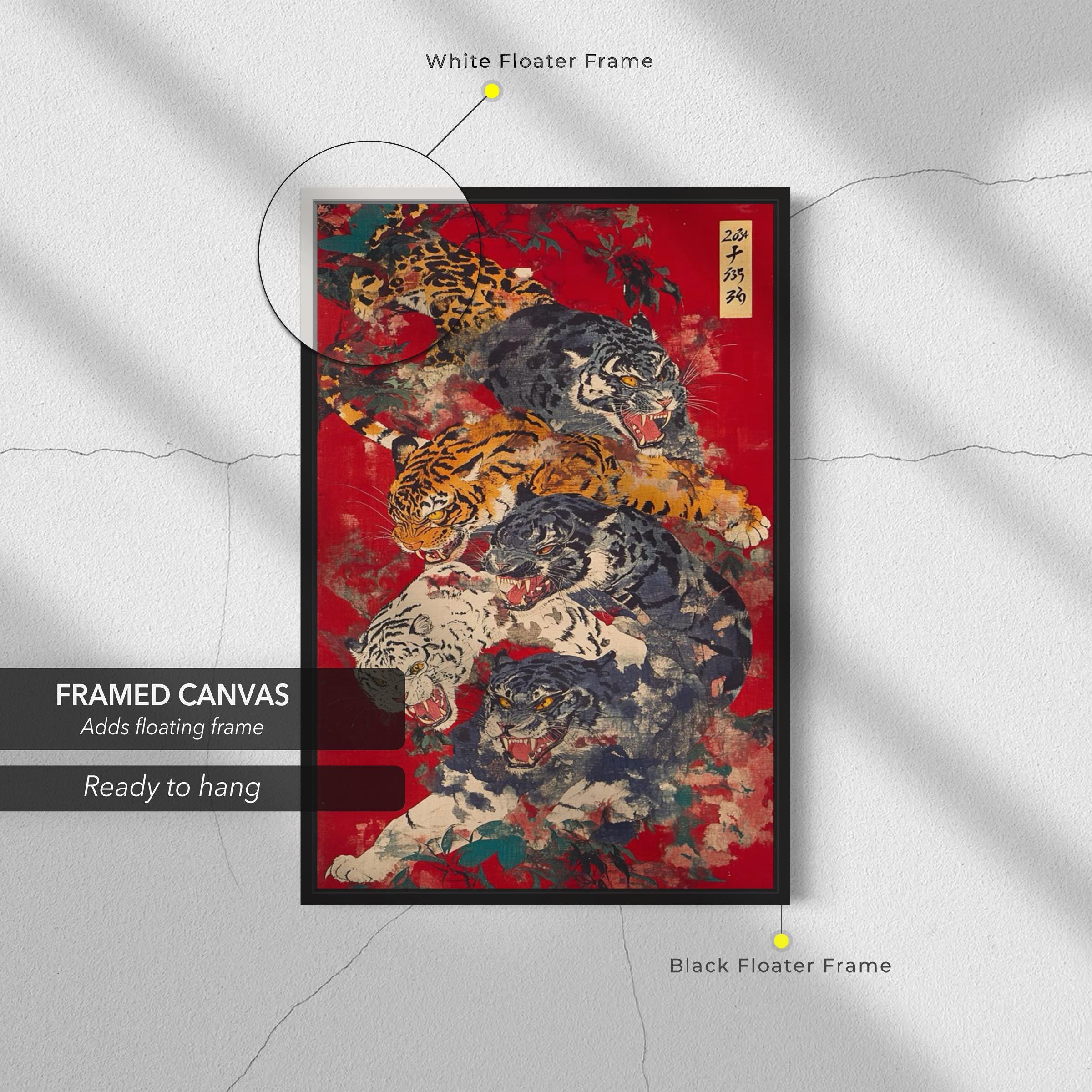 Vintage Japanese Tiger | Red & Black Japanese Animal Canvas Art | Poster Print