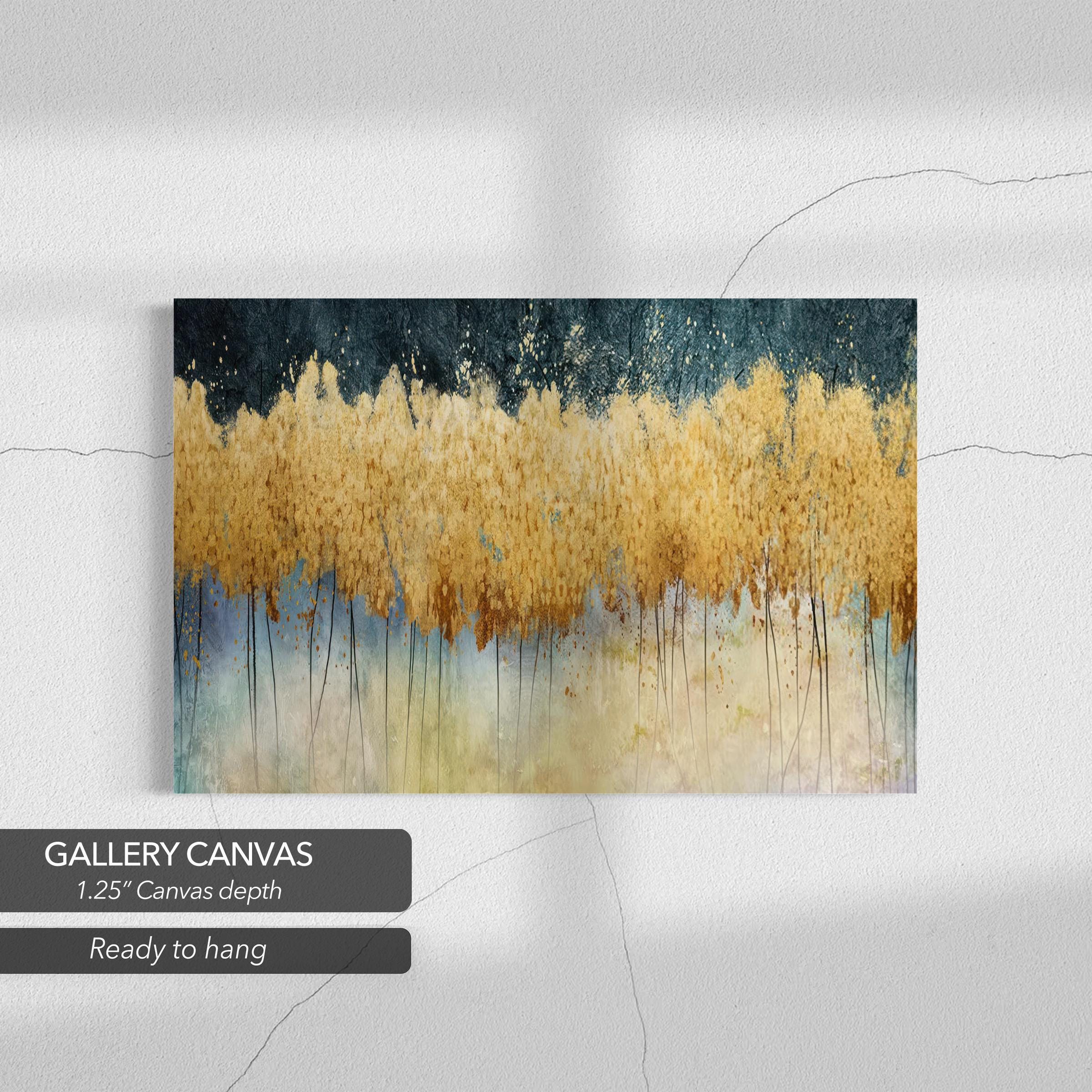 Golden Forest Abstract Landscape Painting | Teal and Gold Canvas Art | Poster Print