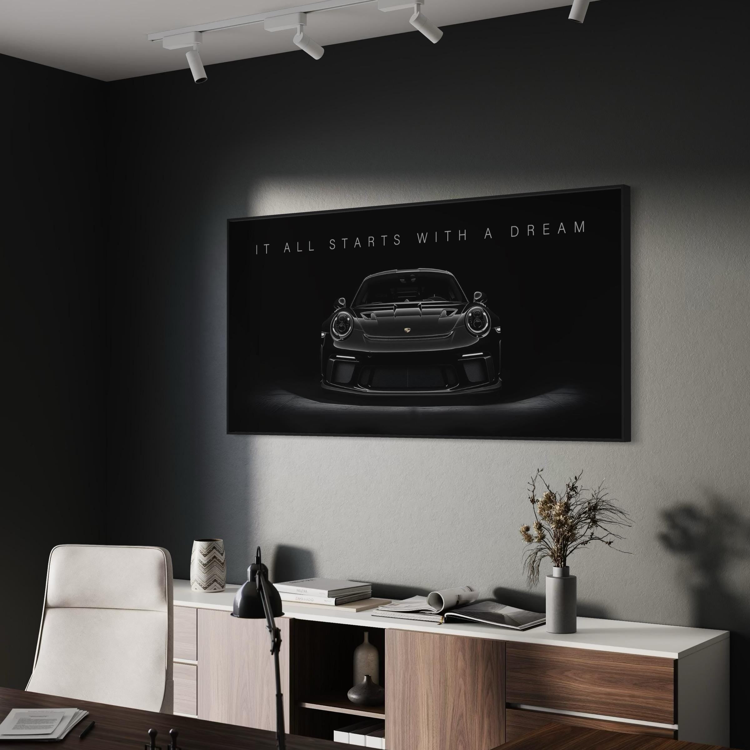 Motivational Porsche 911 GT3 RS - It All Starts With a Dream Quote Canvas Art | Poster Print