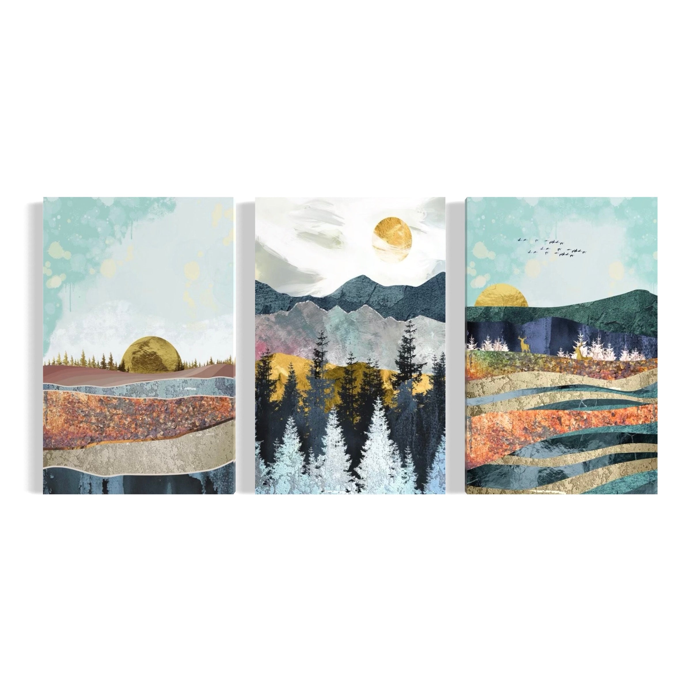 The image is a triptych of landscape paintings depicting various scenic vistas, including mountains, forests, and a sunset.