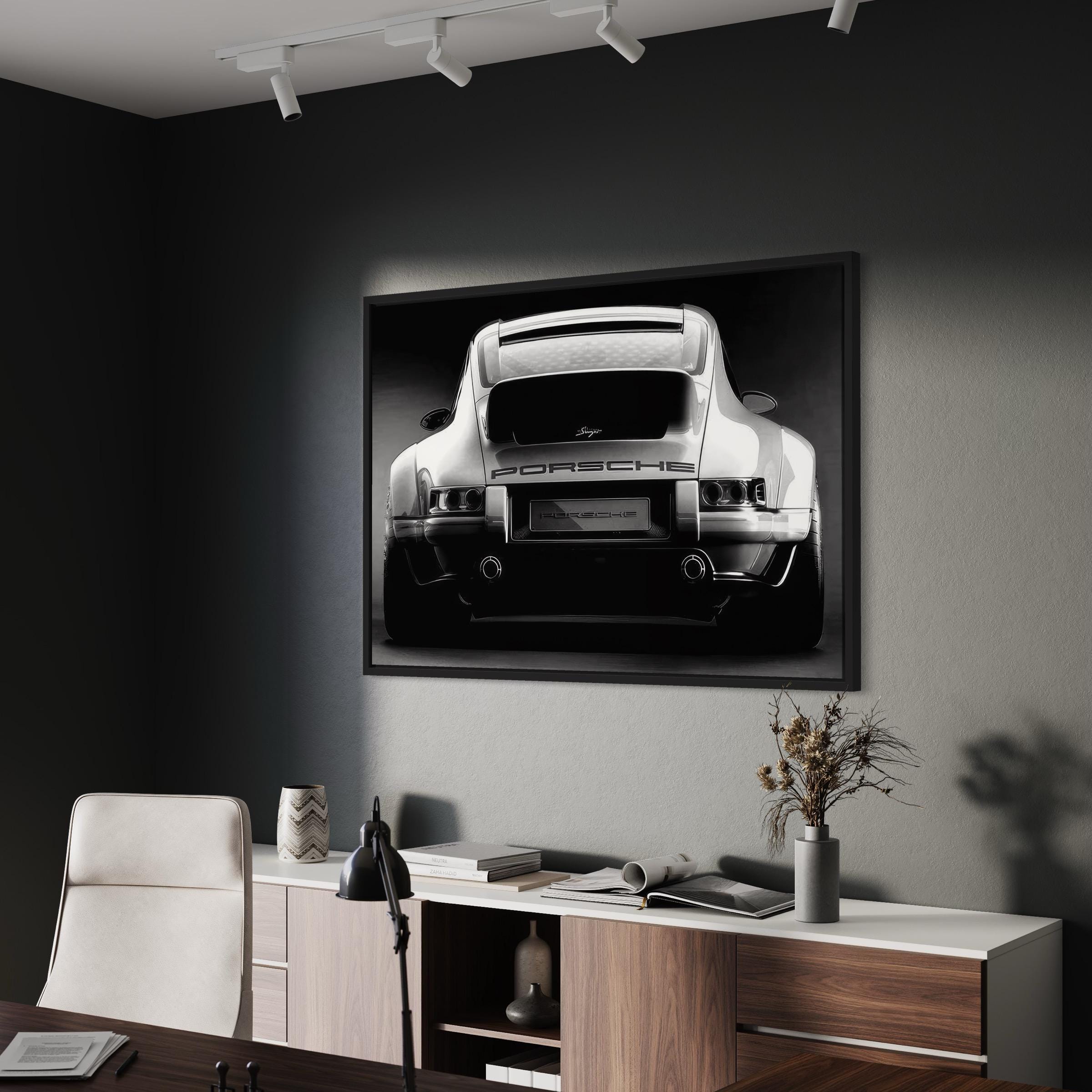 Porsche 911 Rear View Classic Black & White Canvas Art | Poster Print