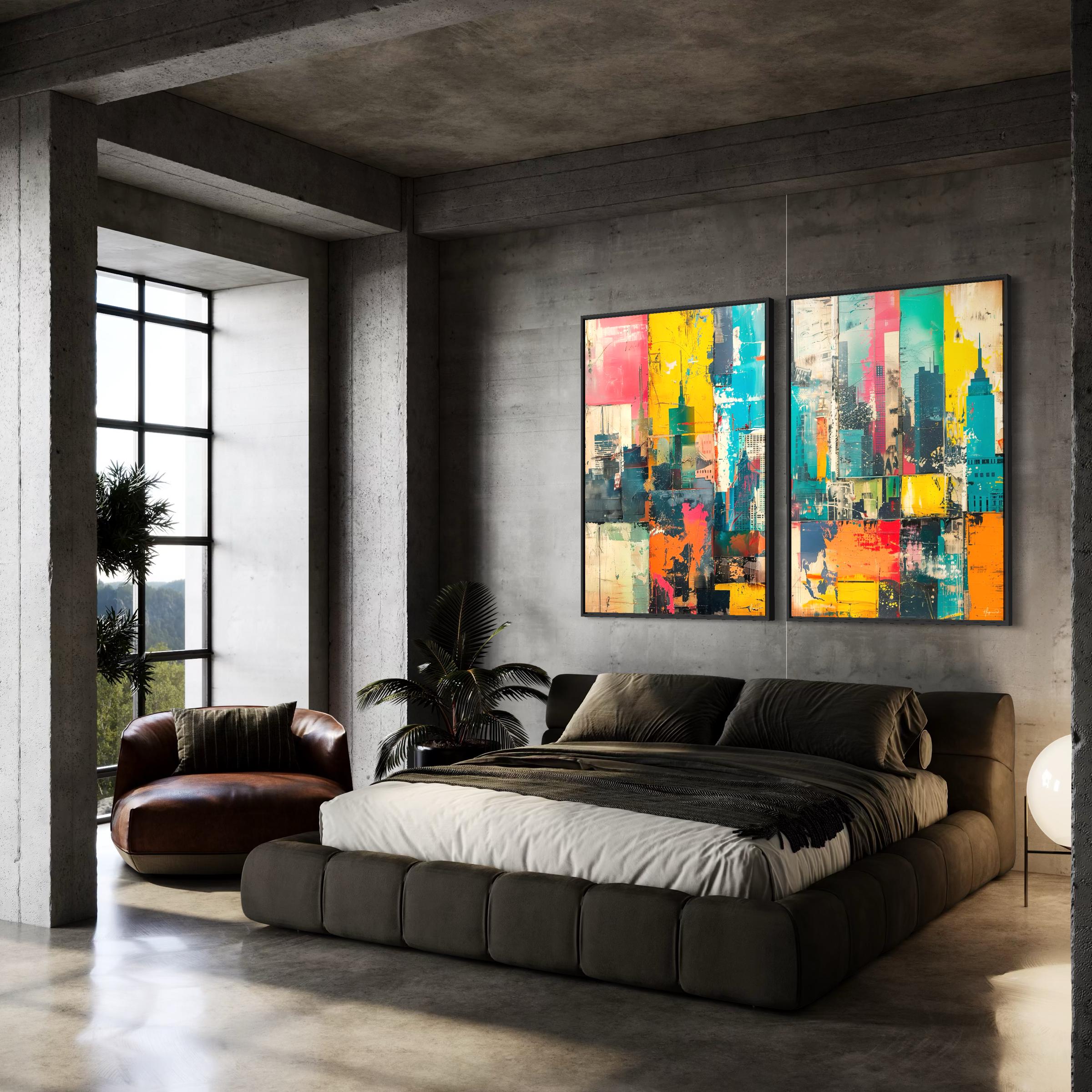 NYC Skyline Canvas Wall Art Set of 2 | Abstract City Urban Framed Poster Prints