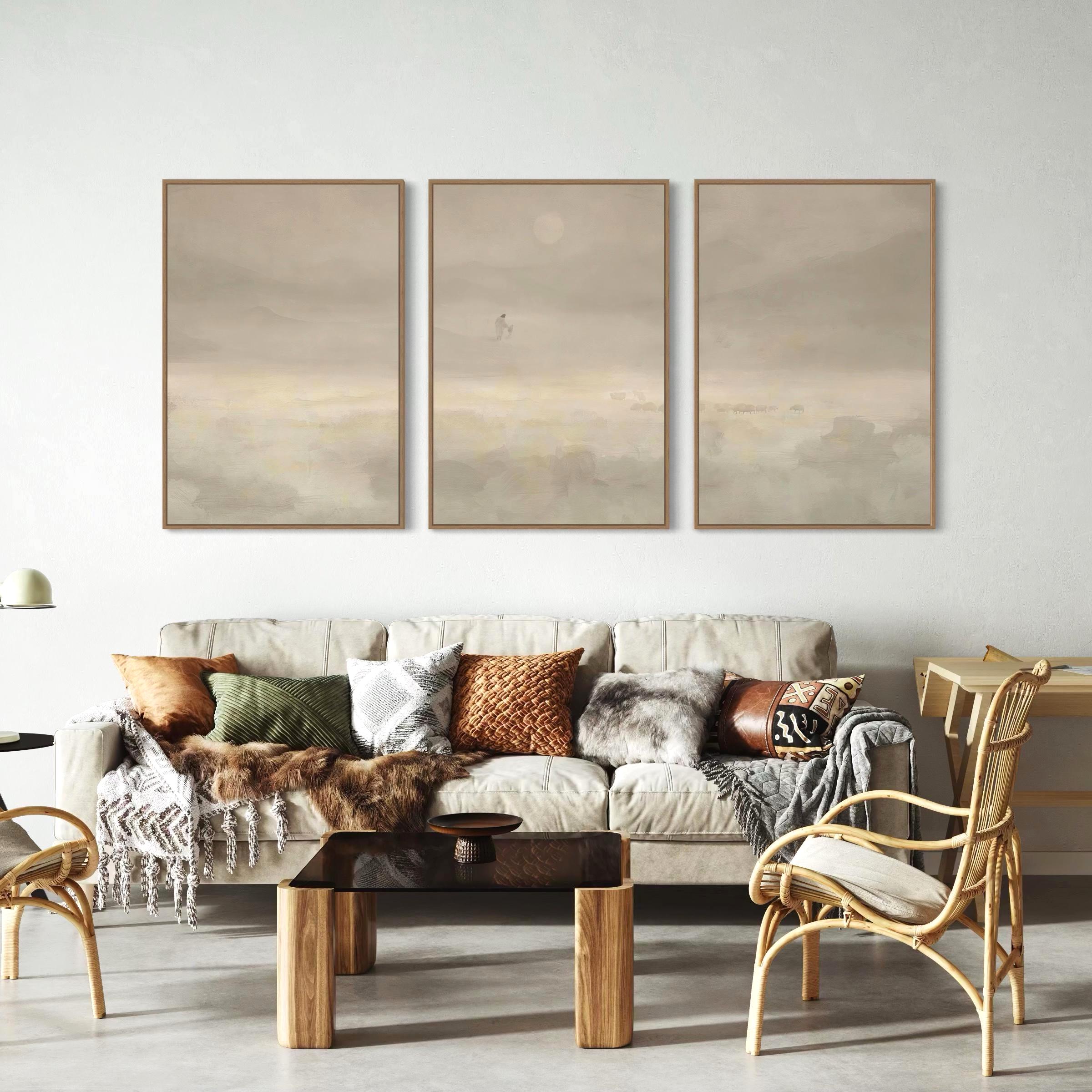 Jesus & Sheep Set of 3 Wall Art Canvas | Framed Poster Prints | Minimalist Christian Pastoral