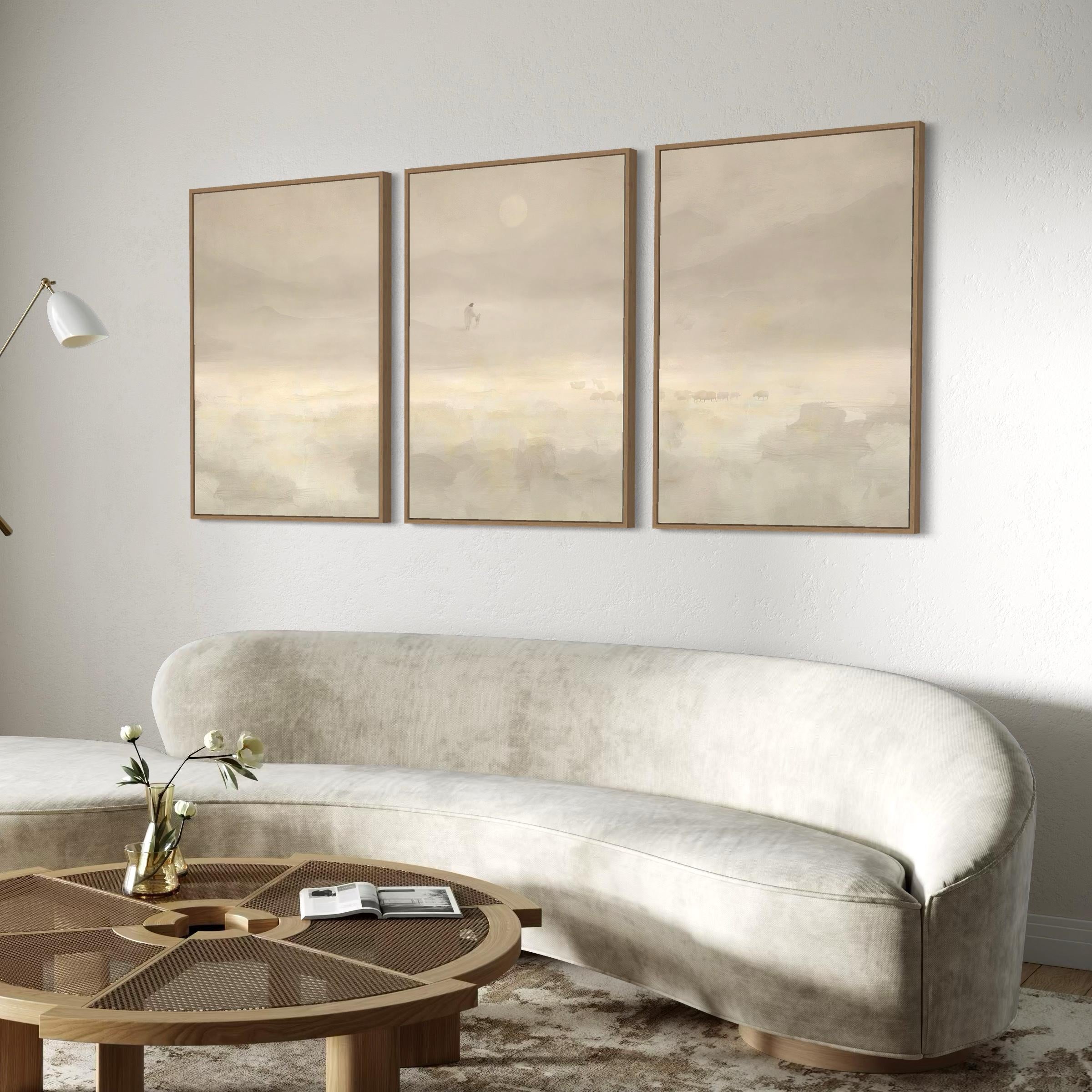 Jesus & Sheep Set of 3 Wall Art Canvas | Framed Poster Prints | Minimalist Christian Pastoral
