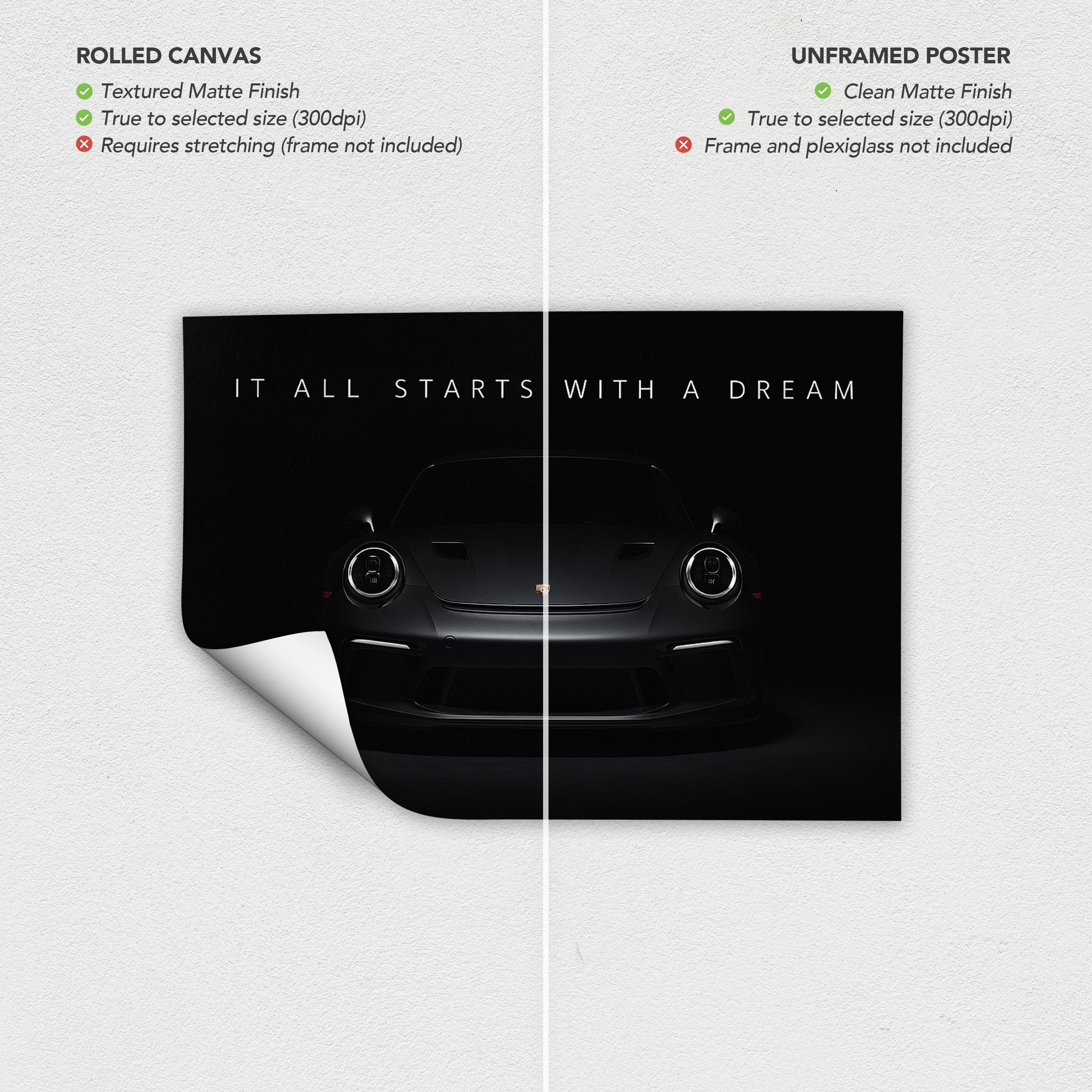 Porsche 911 Dream Quote Motivational Canvas Art | Poster Print