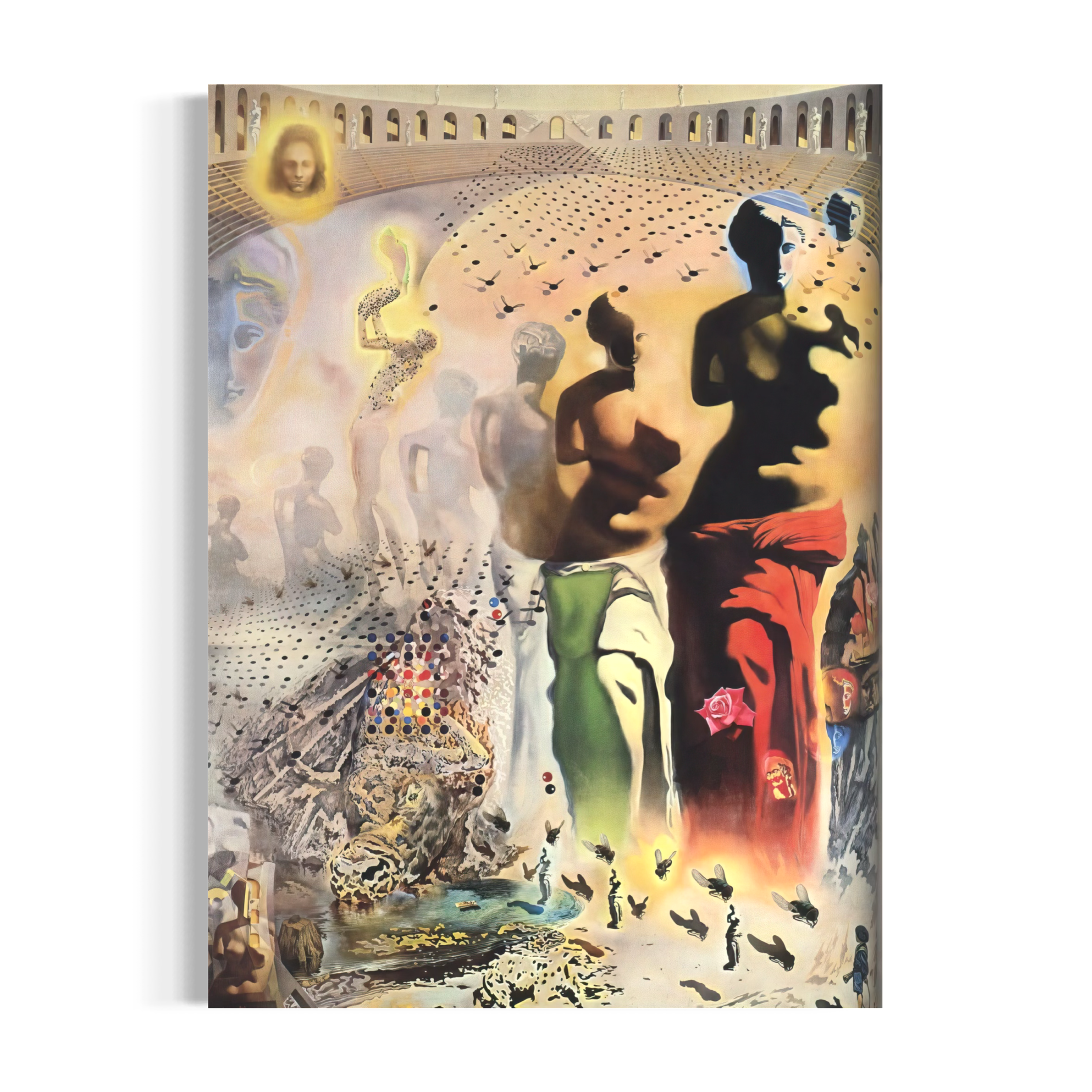 The image is a surreal and dreamlike collage featuring various surreal and fantastical elements, including figures, landscapes, and abstract shapes.