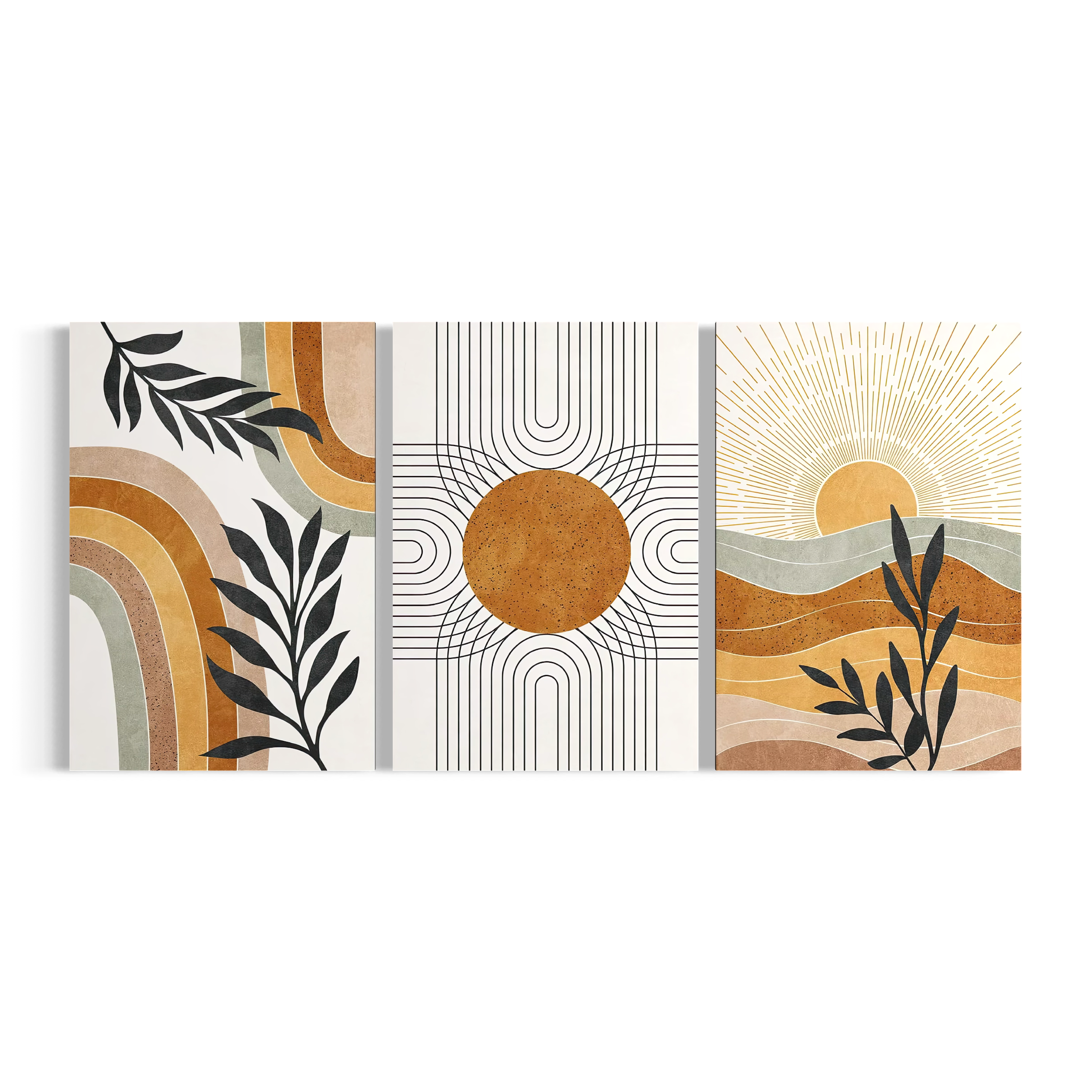 three abstract artworks, each with a unique design and color scheme. The artworks are arranged in a row, showcasing a variety of shapes, lines, and colors.