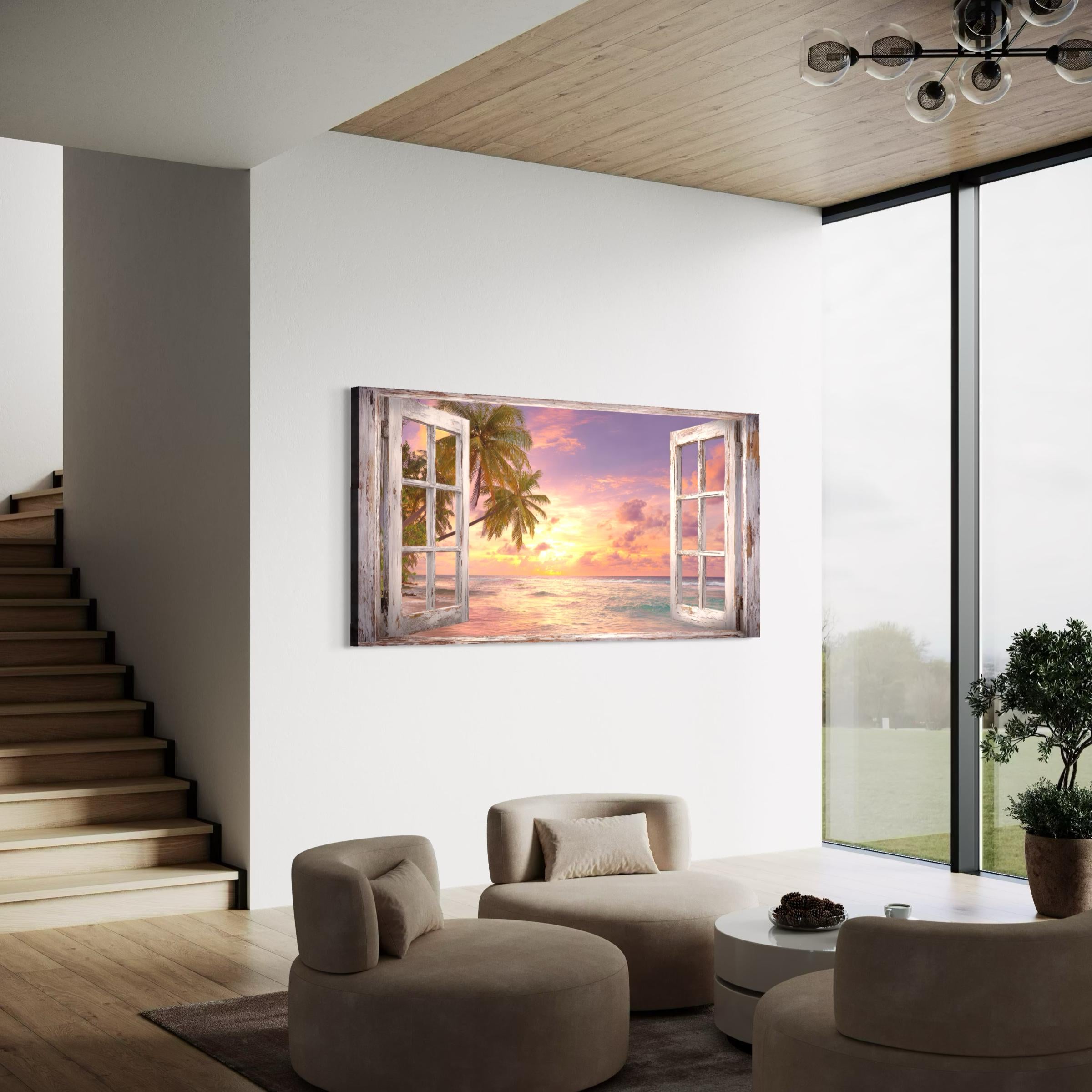 Window View Wall Art Canvas Poster Print | Tropical Beach Sunset | Palm Tree Coastal Art