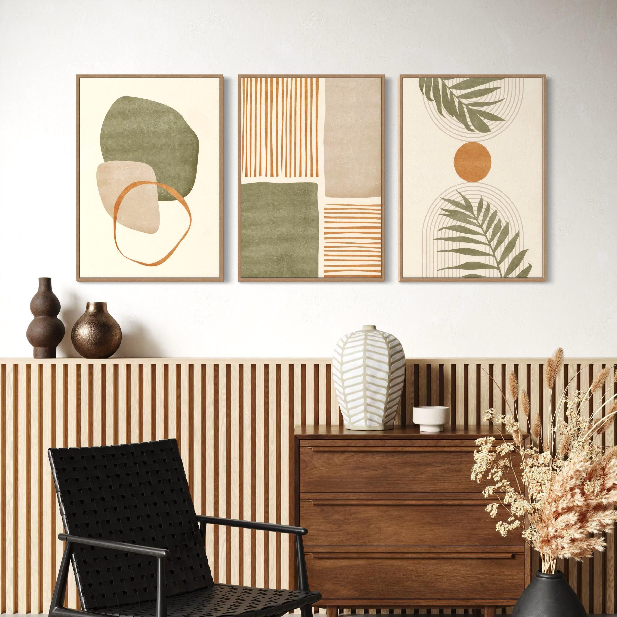 Set of 3 Canvas Wall Art | Poster Prints | Mid Century Modern Minimalist Boho Leaf Decor
