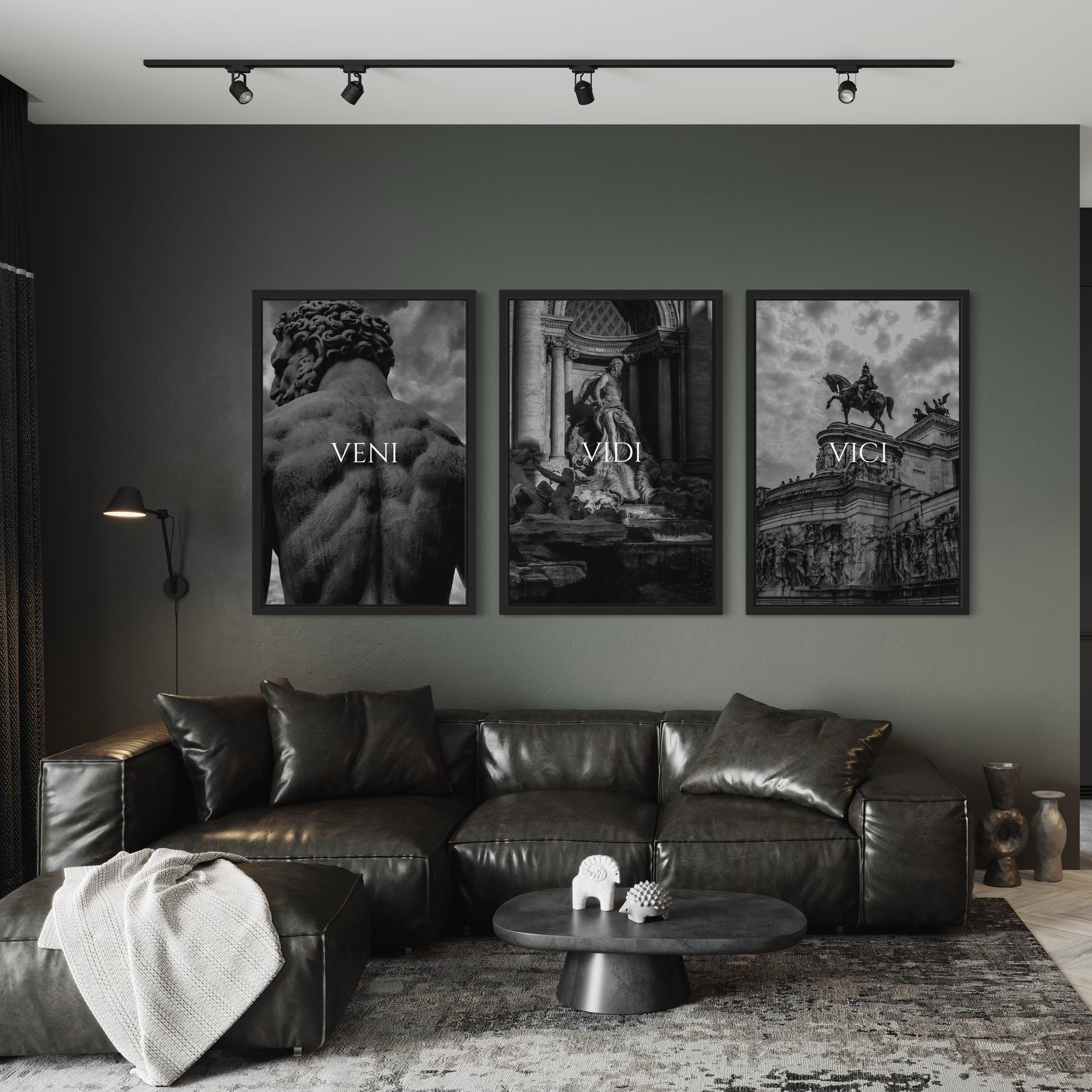 Veni Vidi Vici 3 Set | Ancient Rome Inspirational Black & White Canvas Art | Poster Print