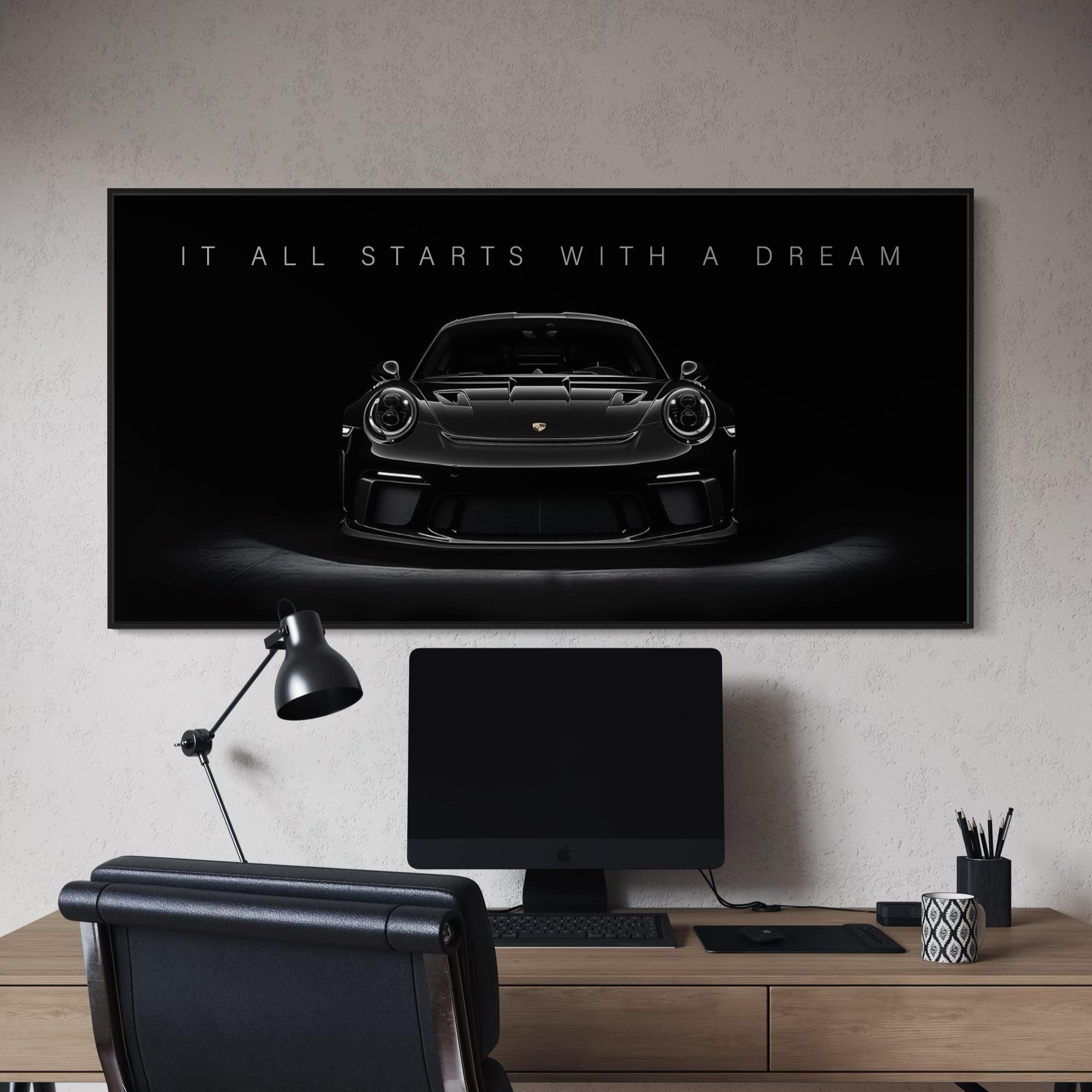Motivational Porsche 911 GT3 RS - It All Starts With a Dream Quote Canvas Art | Poster Print