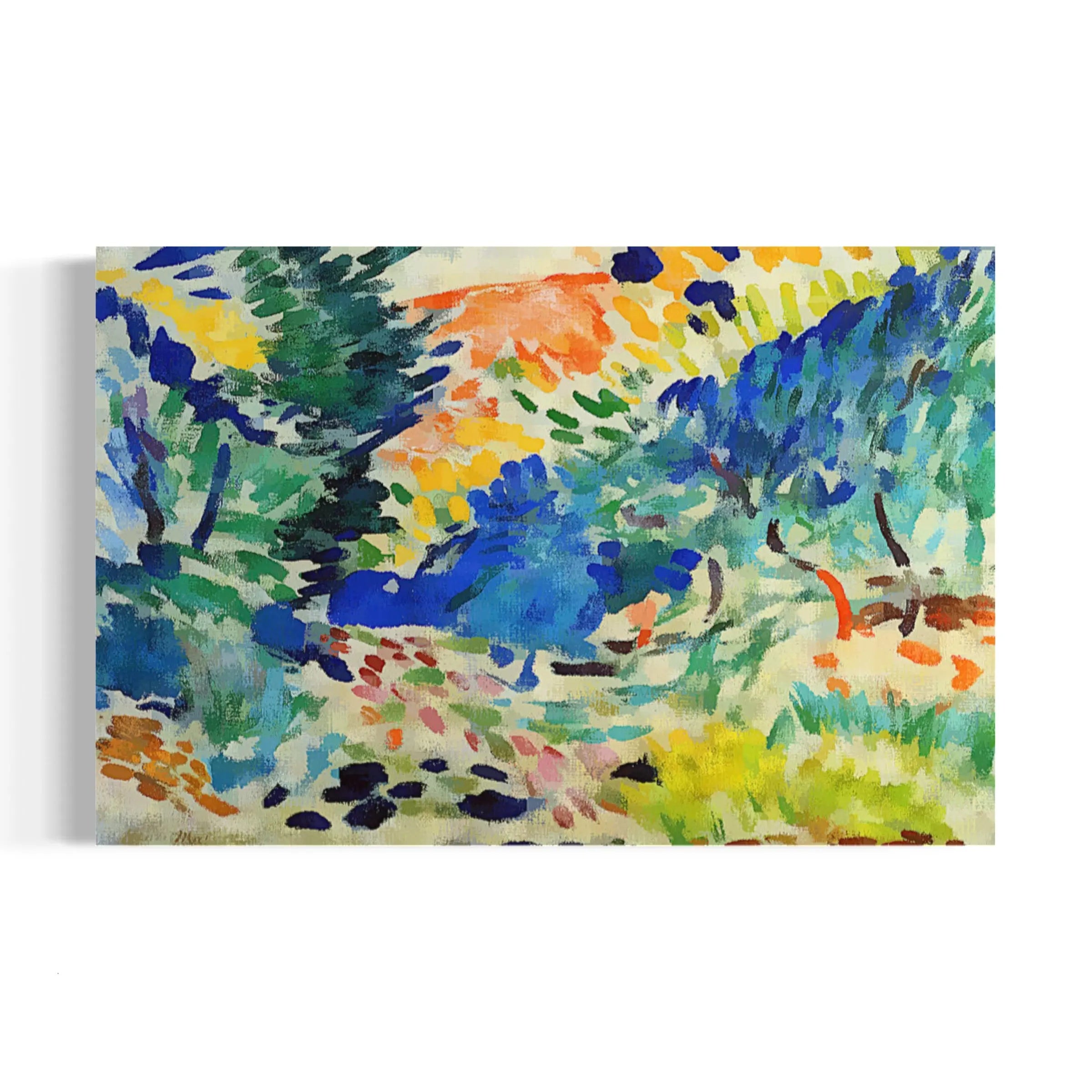 a painting on a white wall with trees in the background