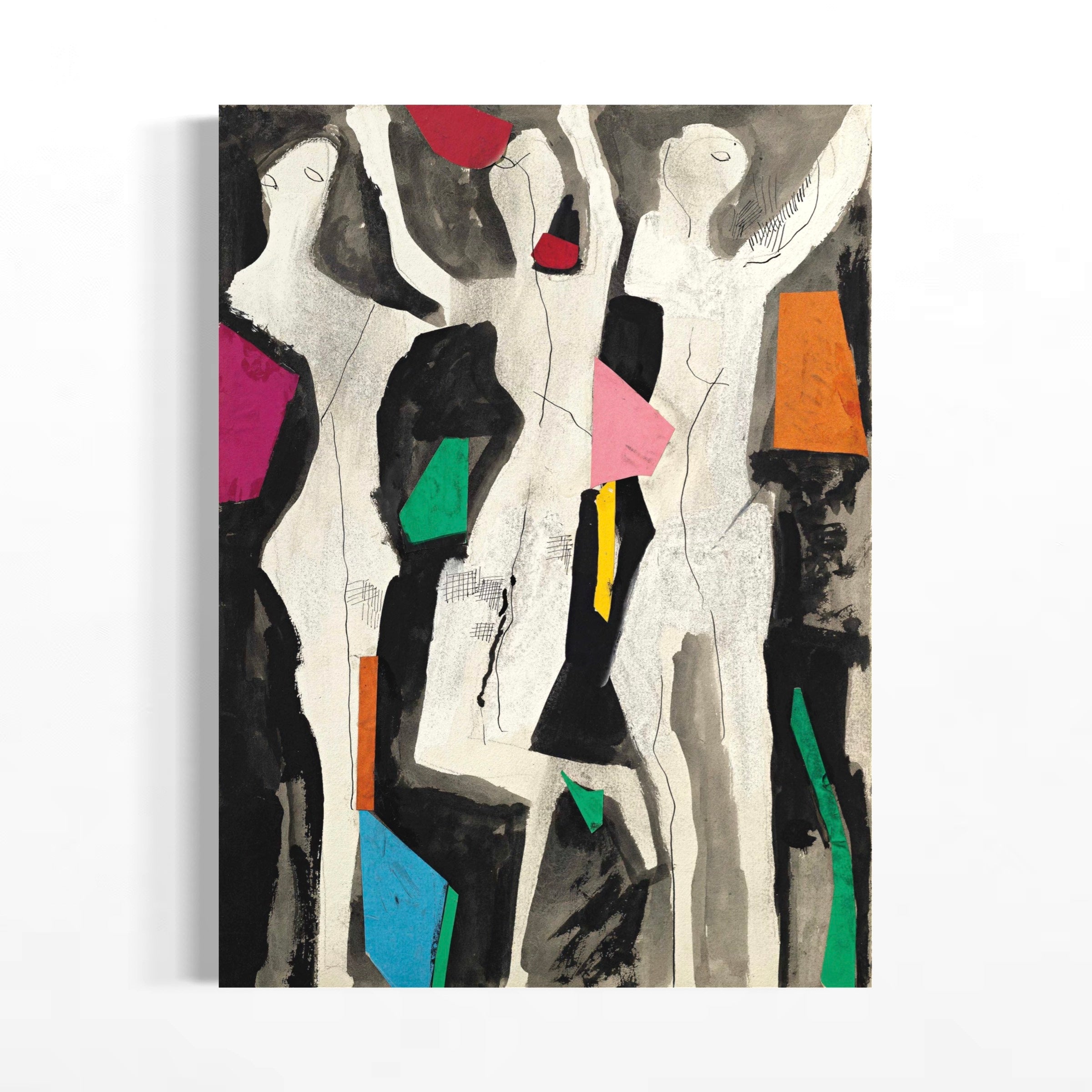 The image is an abstract painting featuring a group of stylized human figures in various geometric shapes and colors.