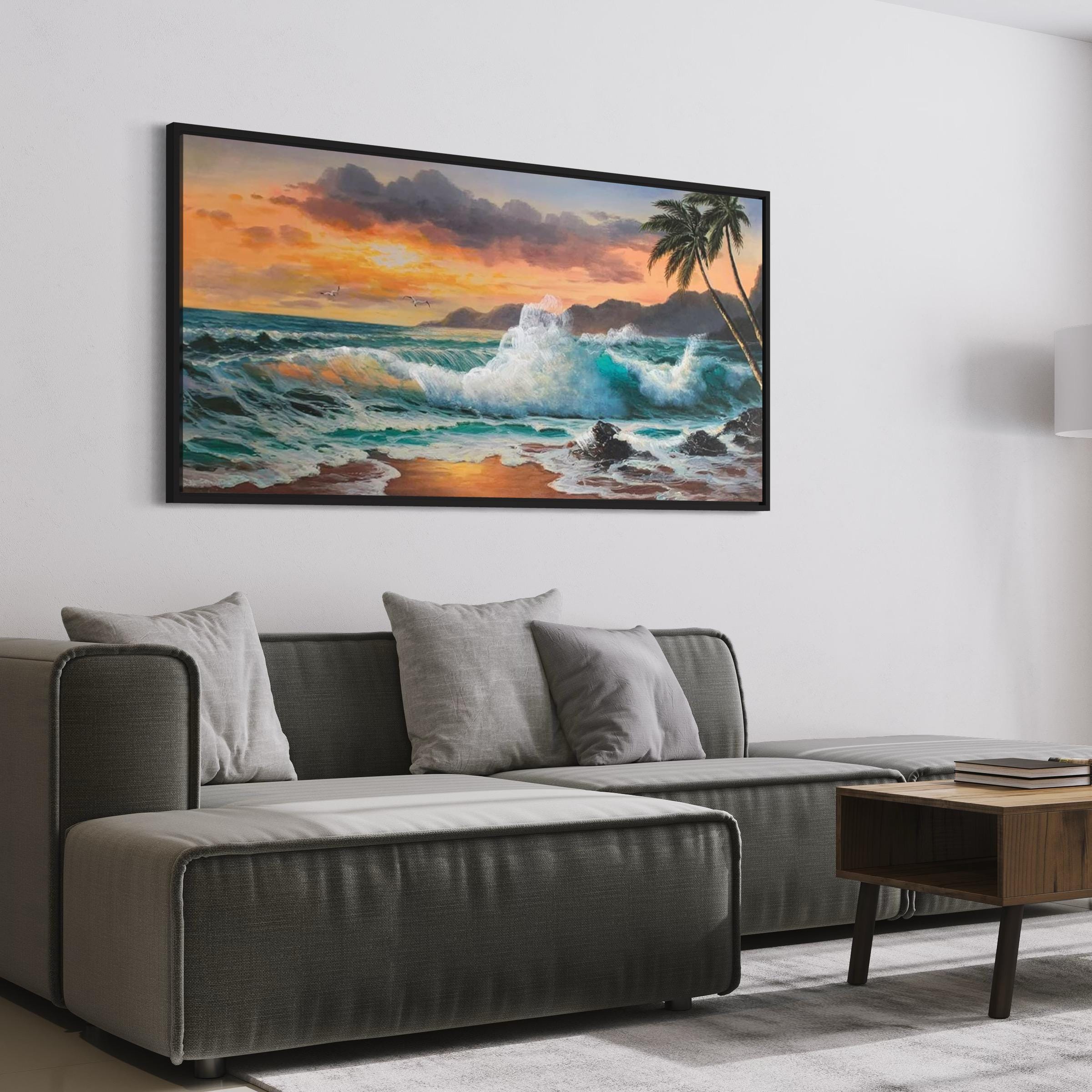 Tropical Ocean Sunset Waves, Palm Trees & Seascape Canvas Art | Poster Print
