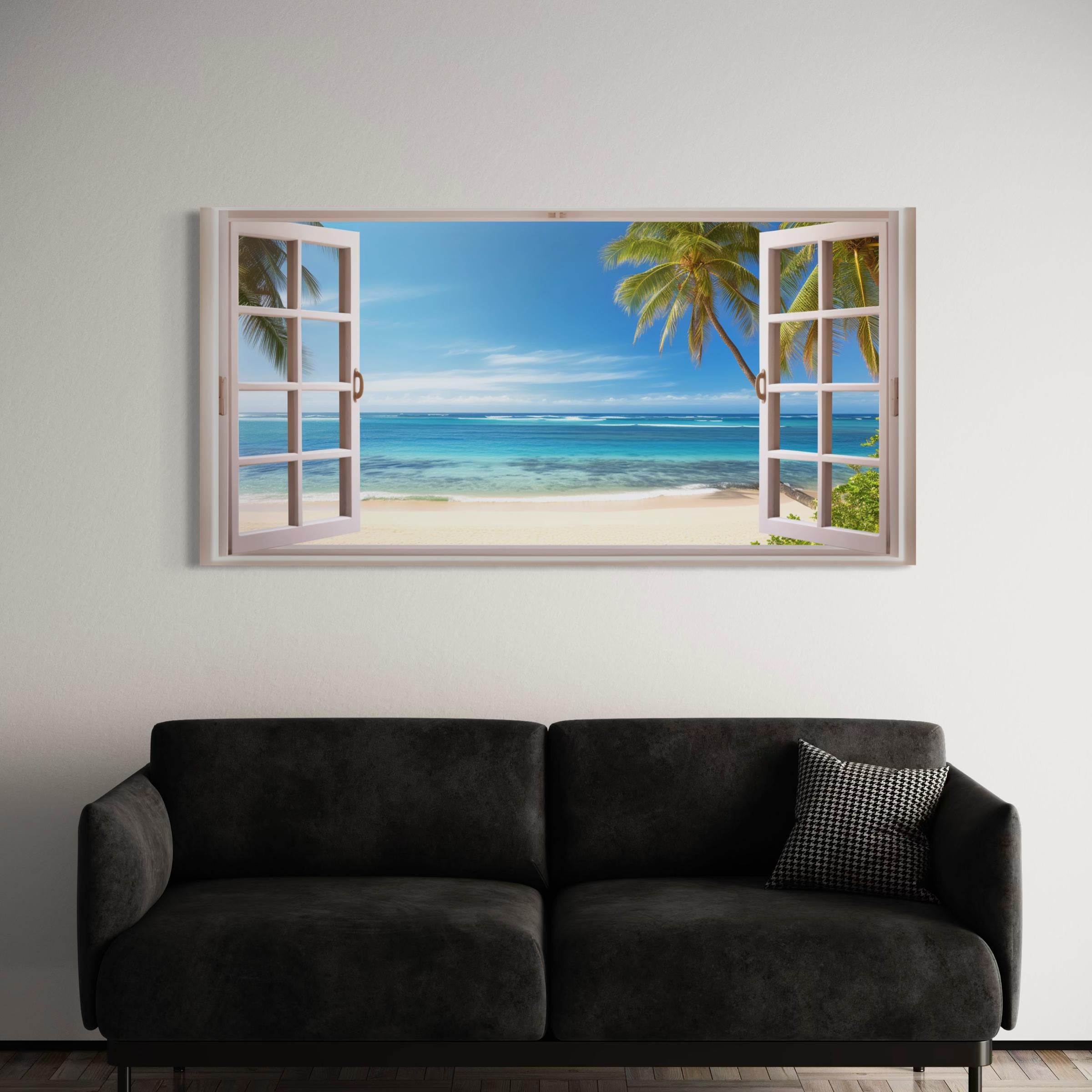 Beach Window View Tropical Ocean Palm Trees | Coastal Landscape Wall Art Canvas | Poster Print