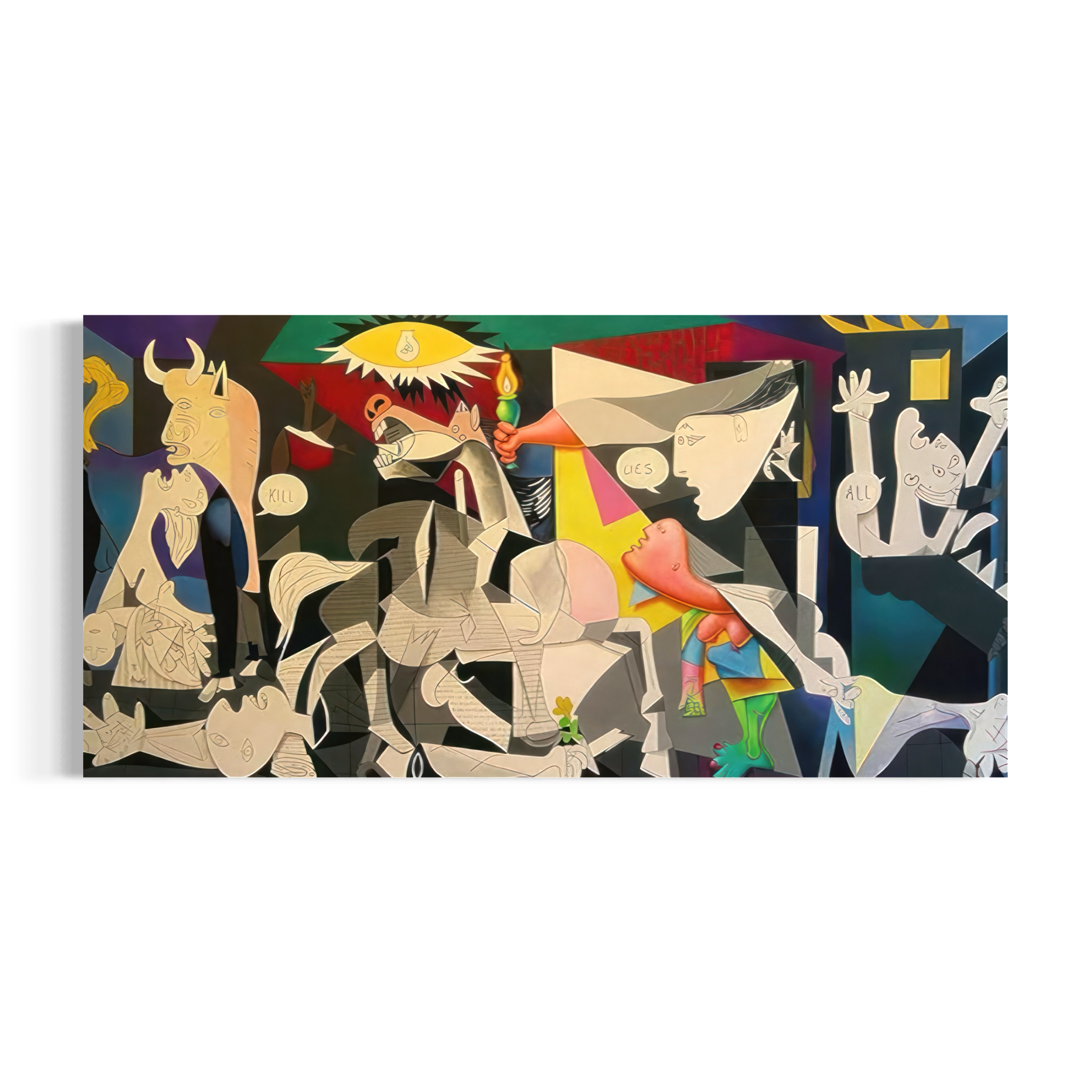 The image is a vibrant, abstract painting featuring a variety of colorful shapes, figures, and symbols.