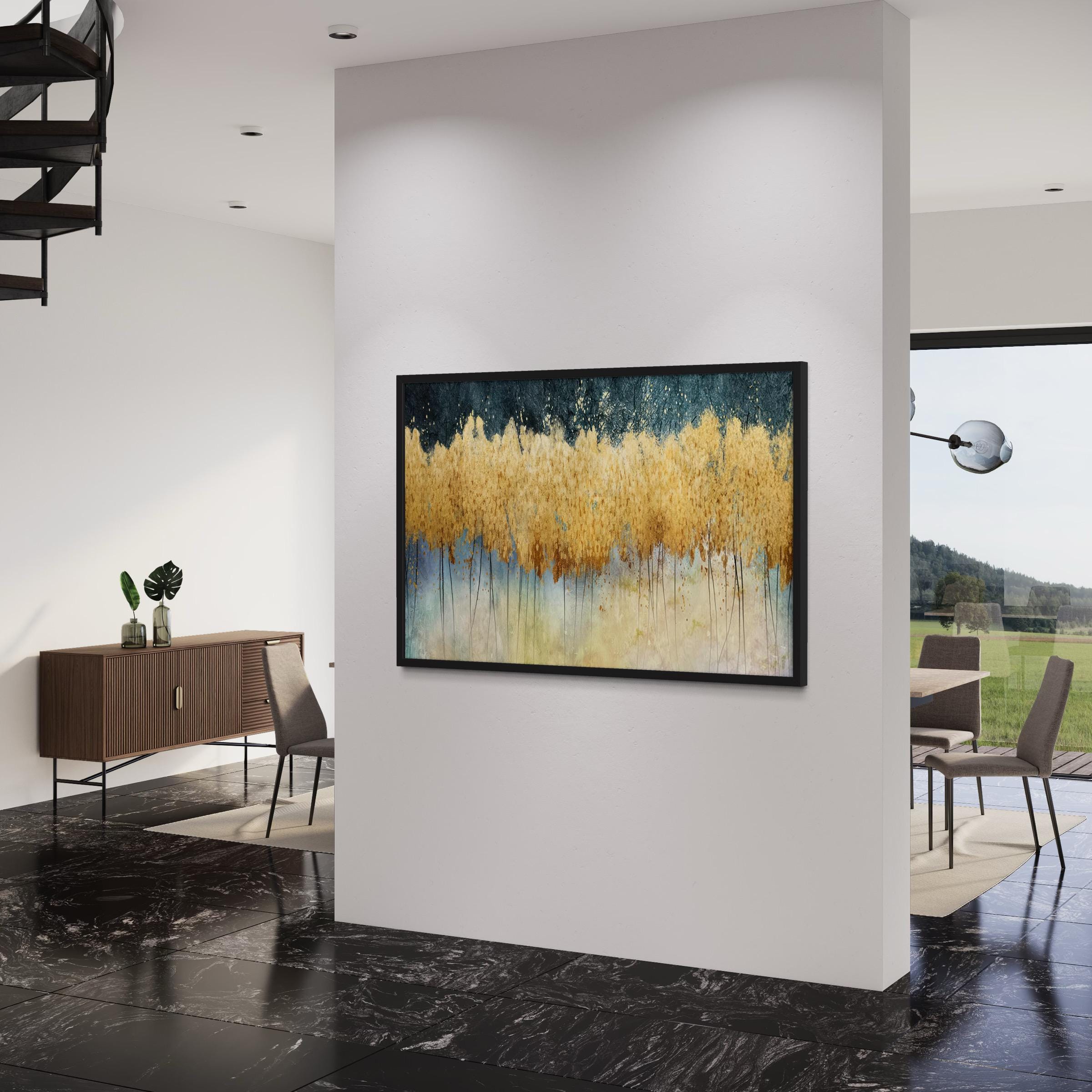 Golden Forest Abstract Landscape Painting | Teal and Gold Canvas Art | Poster Print