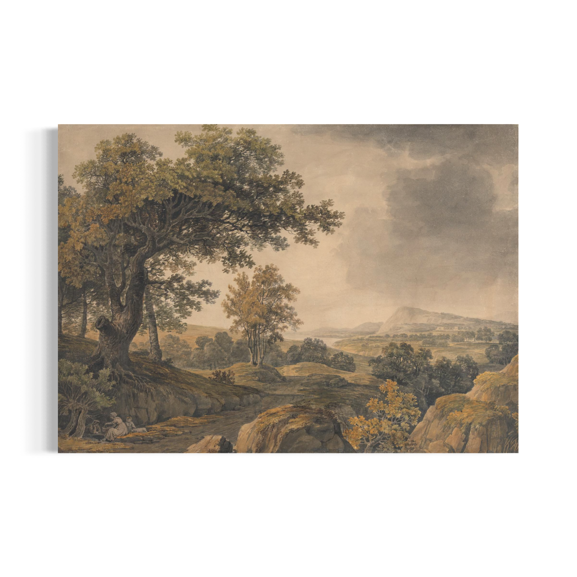 a serene landscape with a large tree, a winding path, and a cloudy sky in the background.