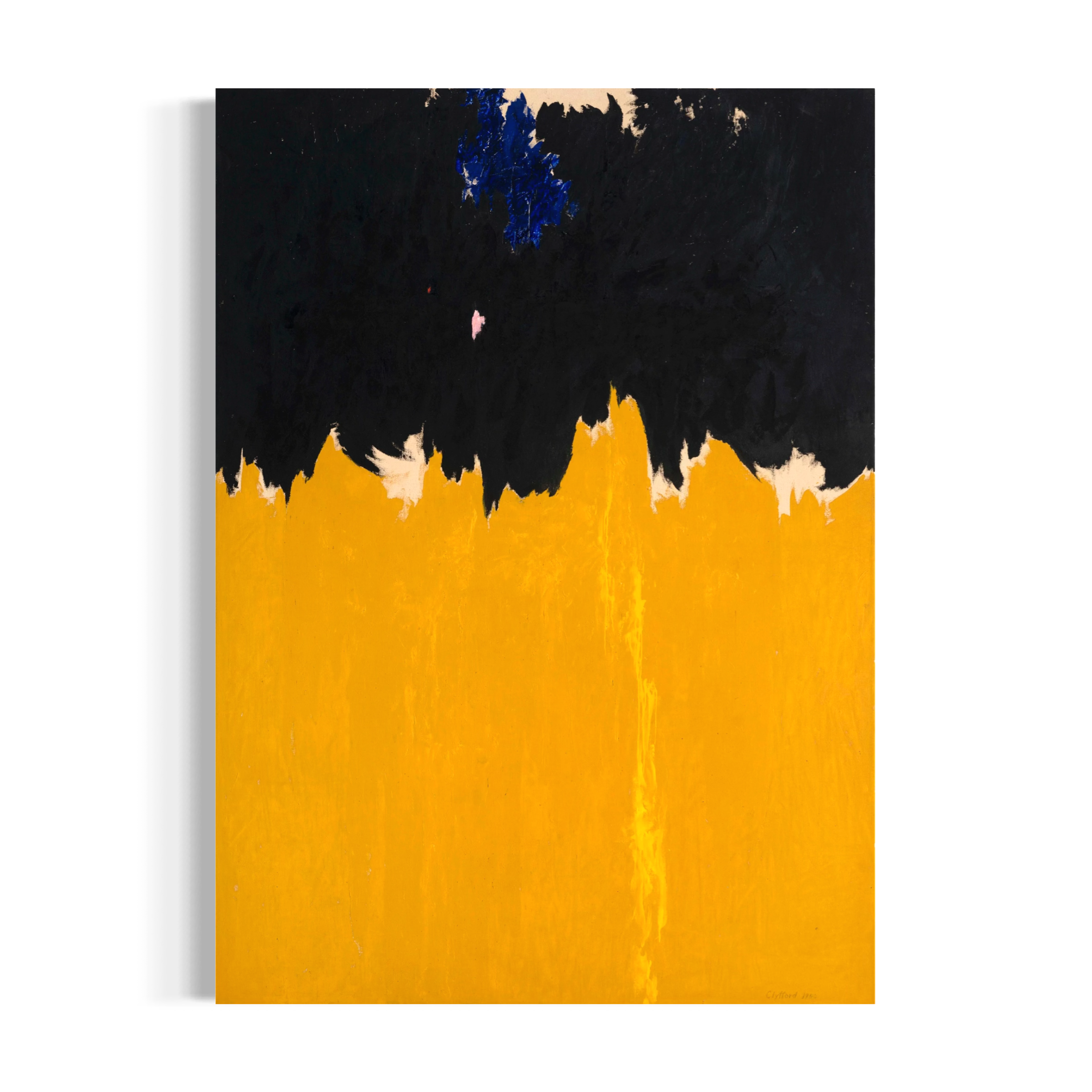 The image is a square abstract painting with bold black and yellow colors. The painting has a textured appearance, with splashes of blue and white adding depth and contrast to the composition.