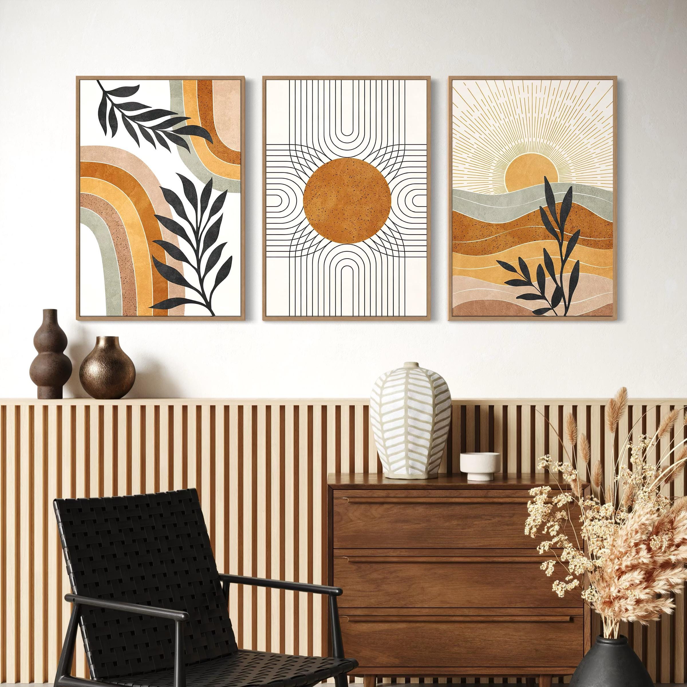 Poster Wall Art Set of 3 Prints | Geometric Sun Desert Plants Canvas | Mid Century Modern Boho