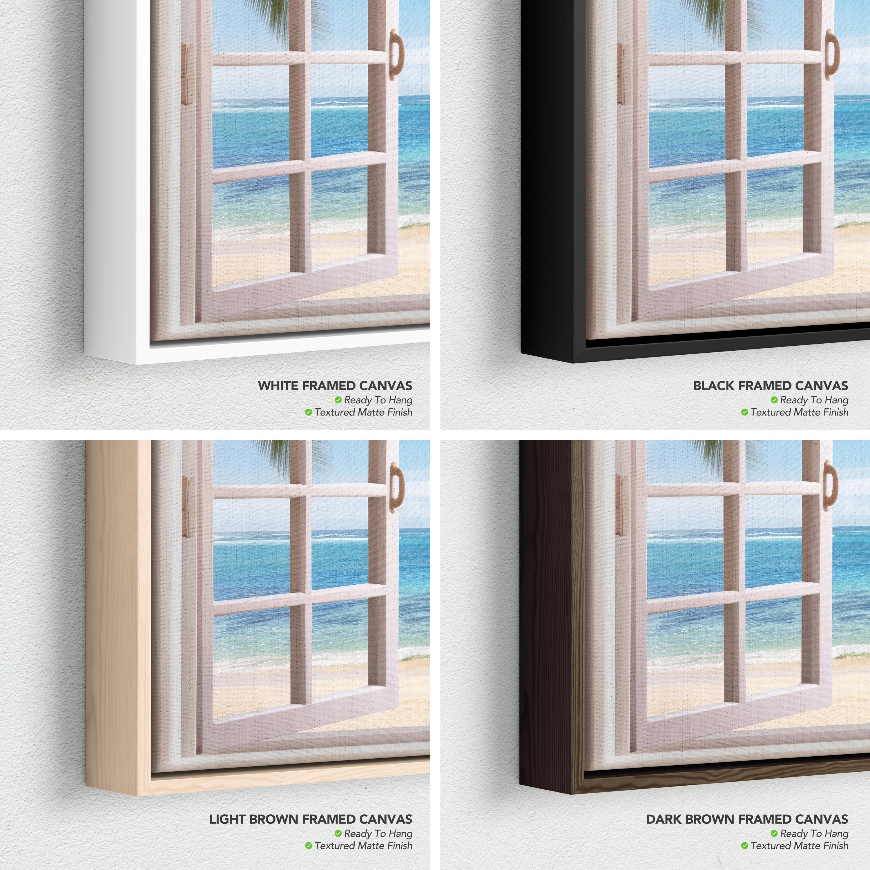 Beach Window View Tropical Ocean Palm Trees | Coastal Landscape Wall Art Canvas | Poster Print