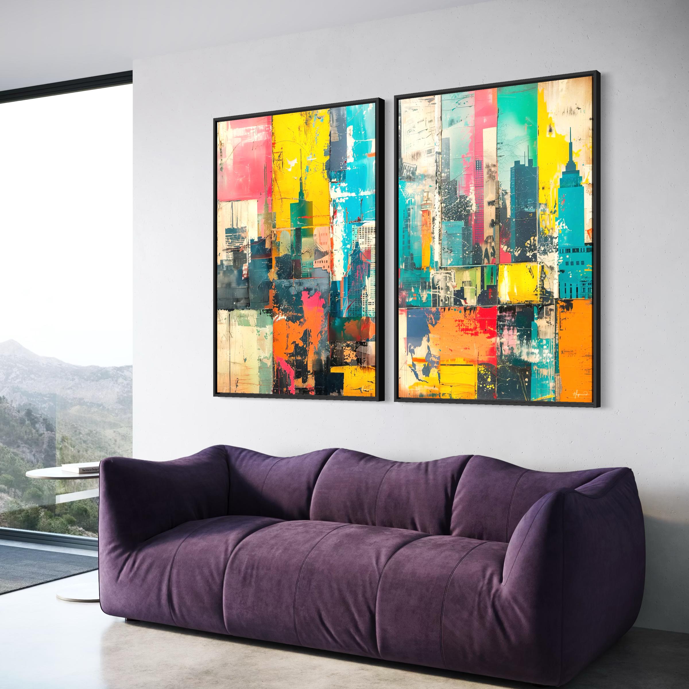 NYC Skyline Canvas Wall Art Set of 2 | Abstract City Urban Framed Poster Prints