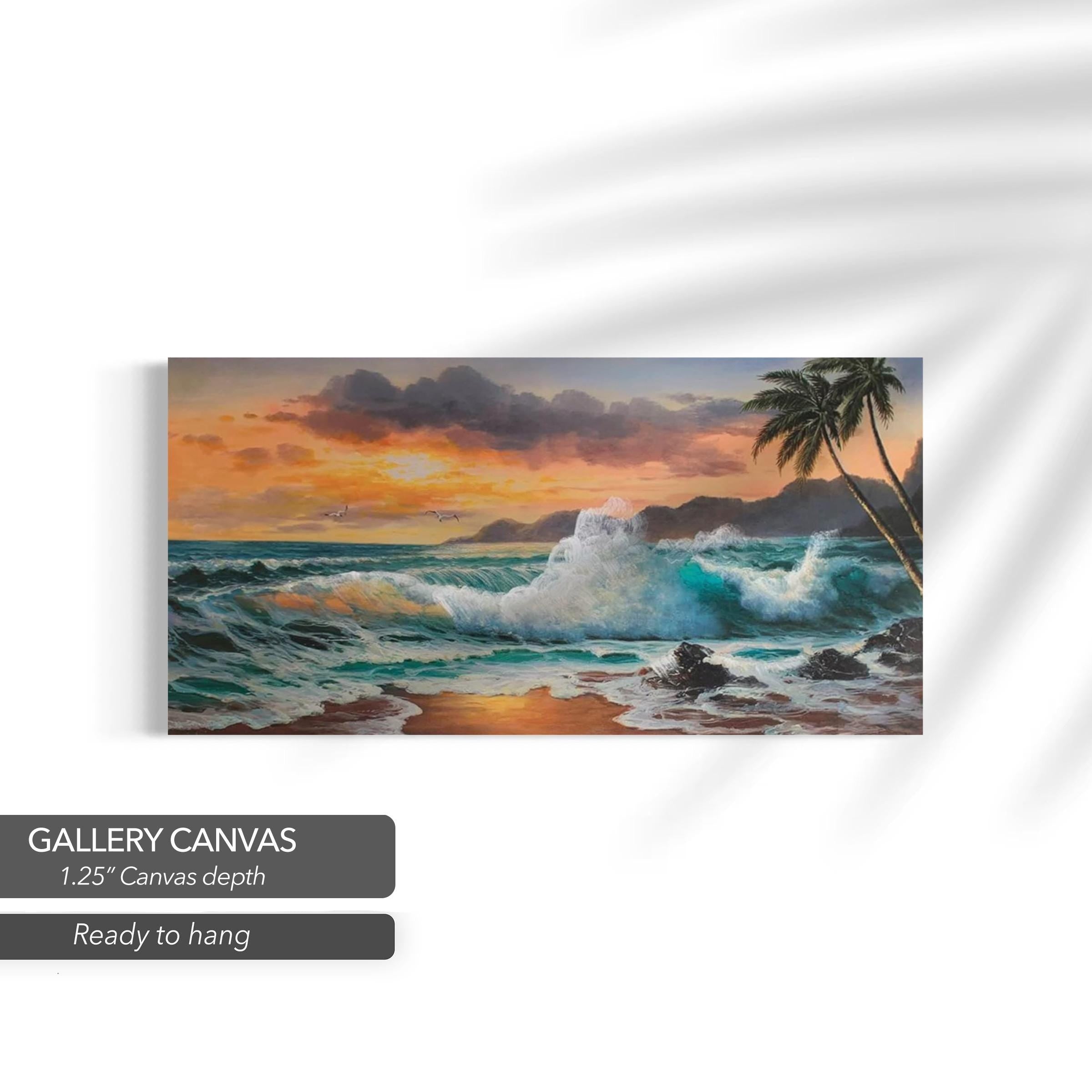 Tropical Ocean Sunset Waves, Palm Trees & Seascape Canvas Art | Poster Print