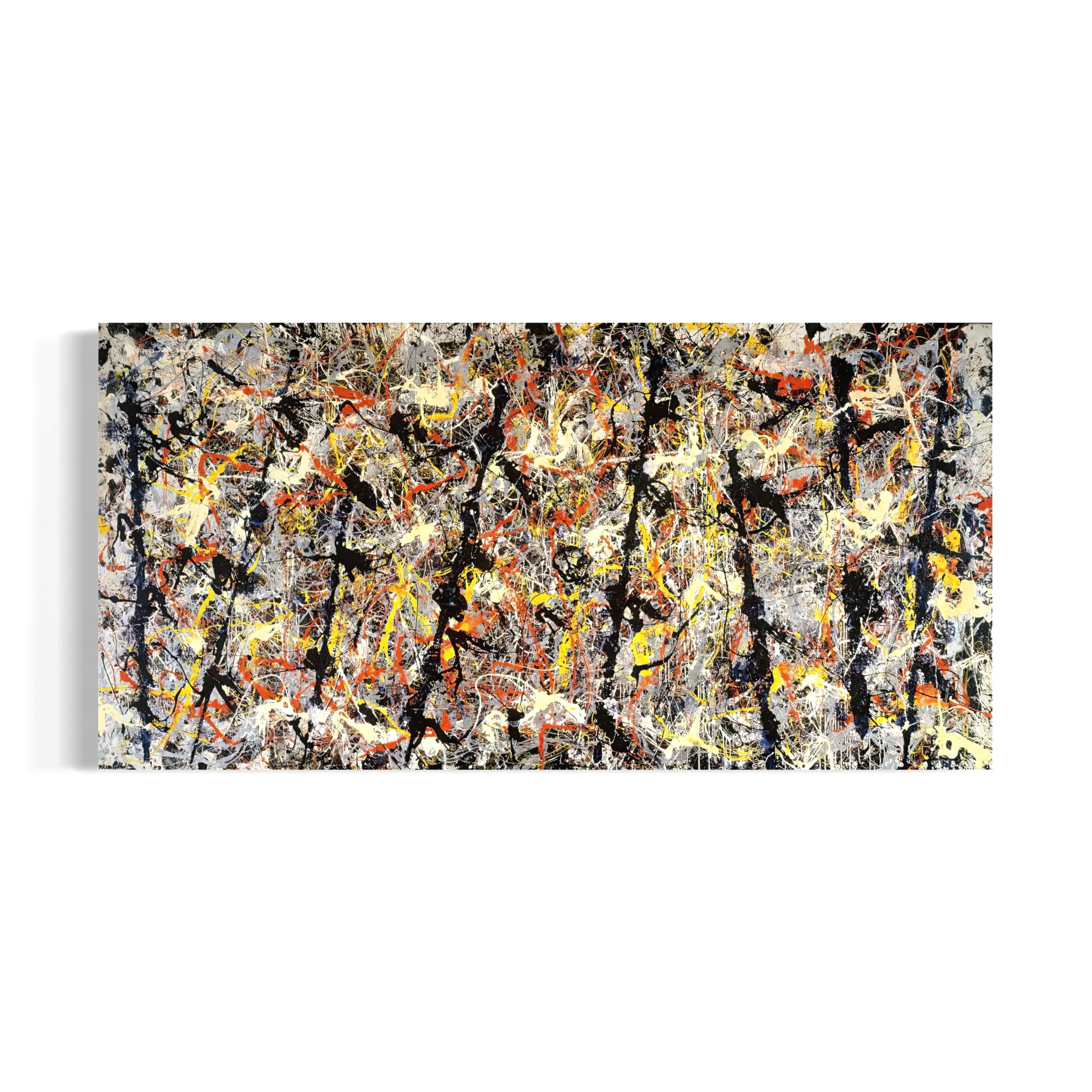 The image is a large abstract painting with a chaotic and vibrant color palette, featuring splashes of red, orange, yellow, and black.