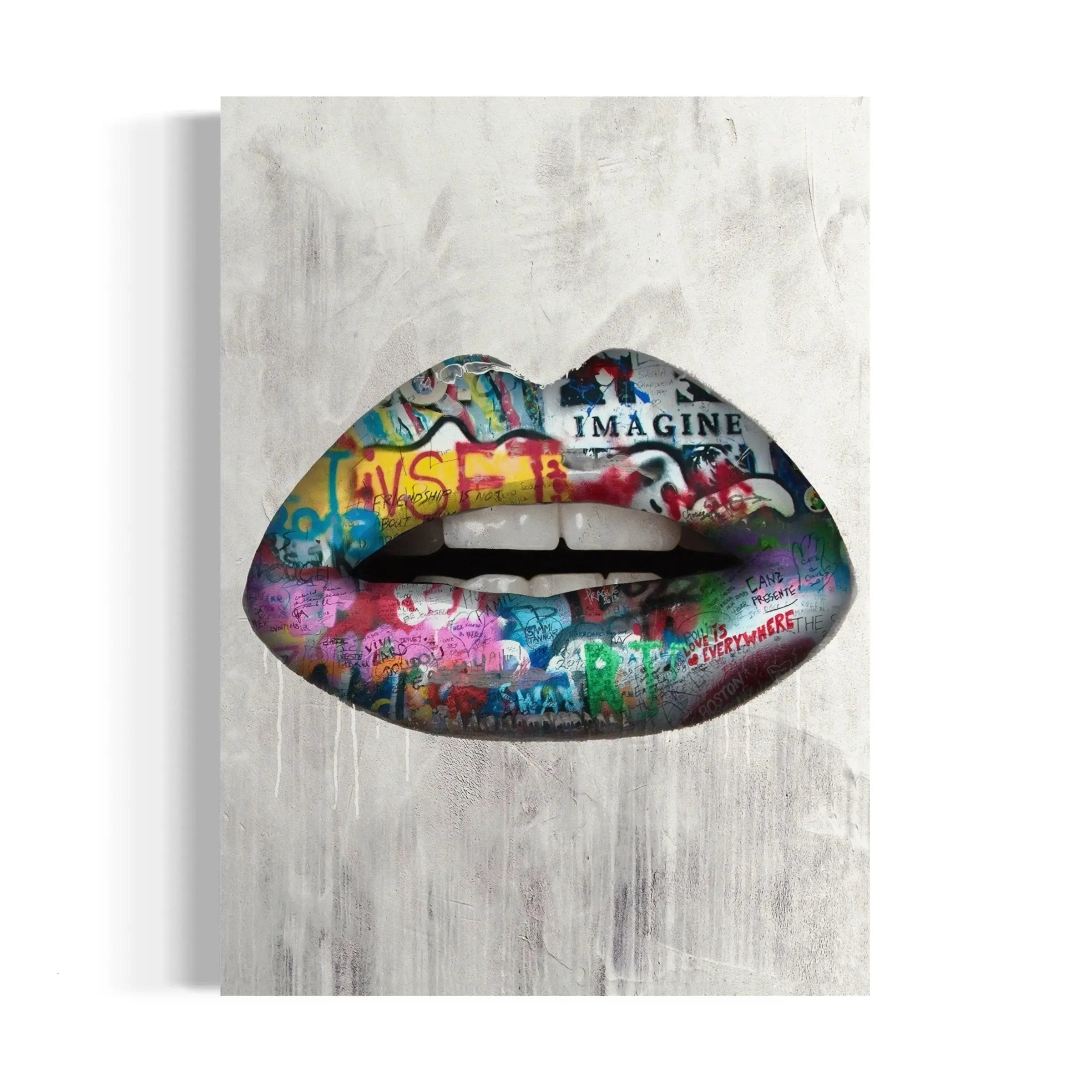 a painting of a woman's mouth with the word imagine painted on it