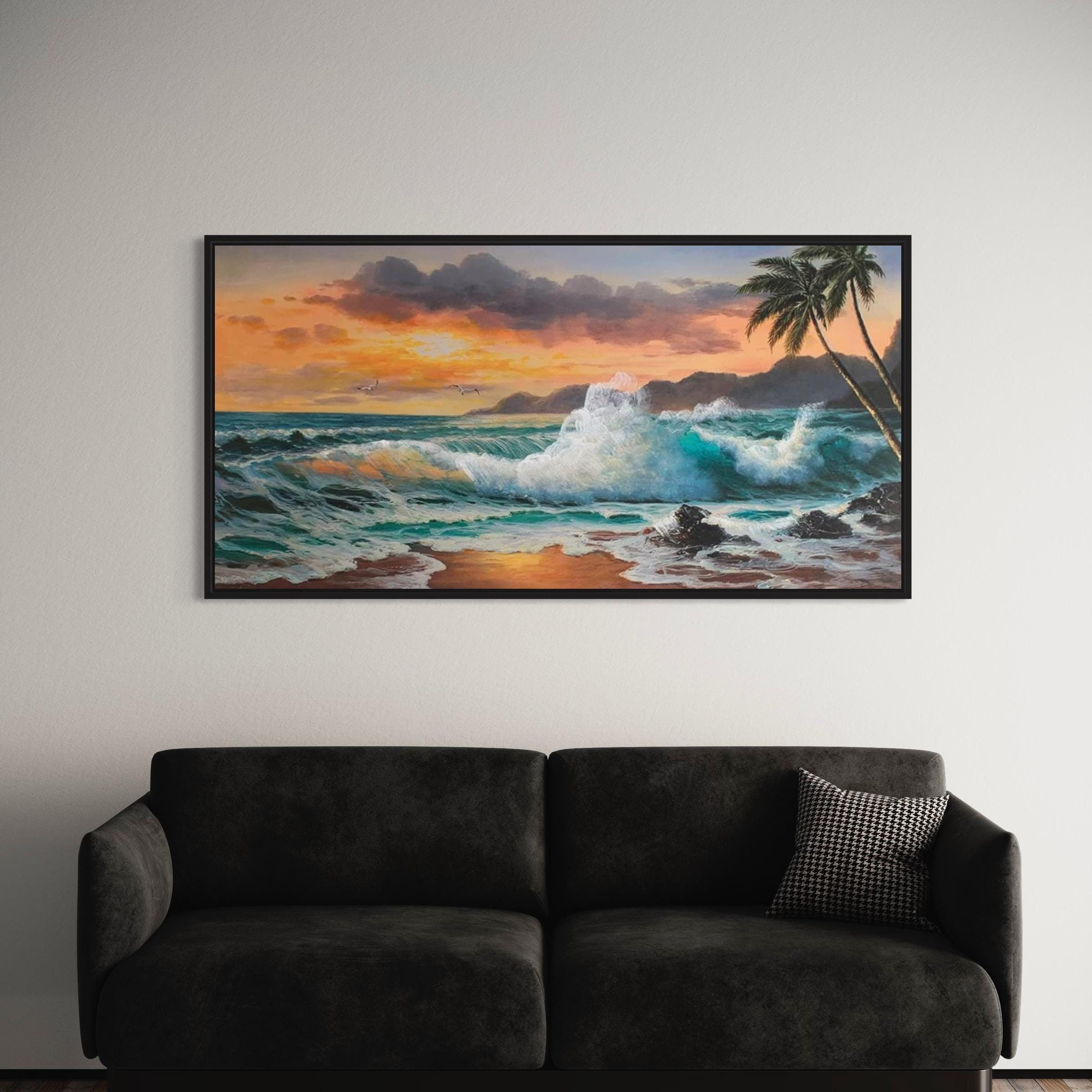 Tropical Ocean Sunset Waves, Palm Trees & Seascape Canvas Art | Poster Print
