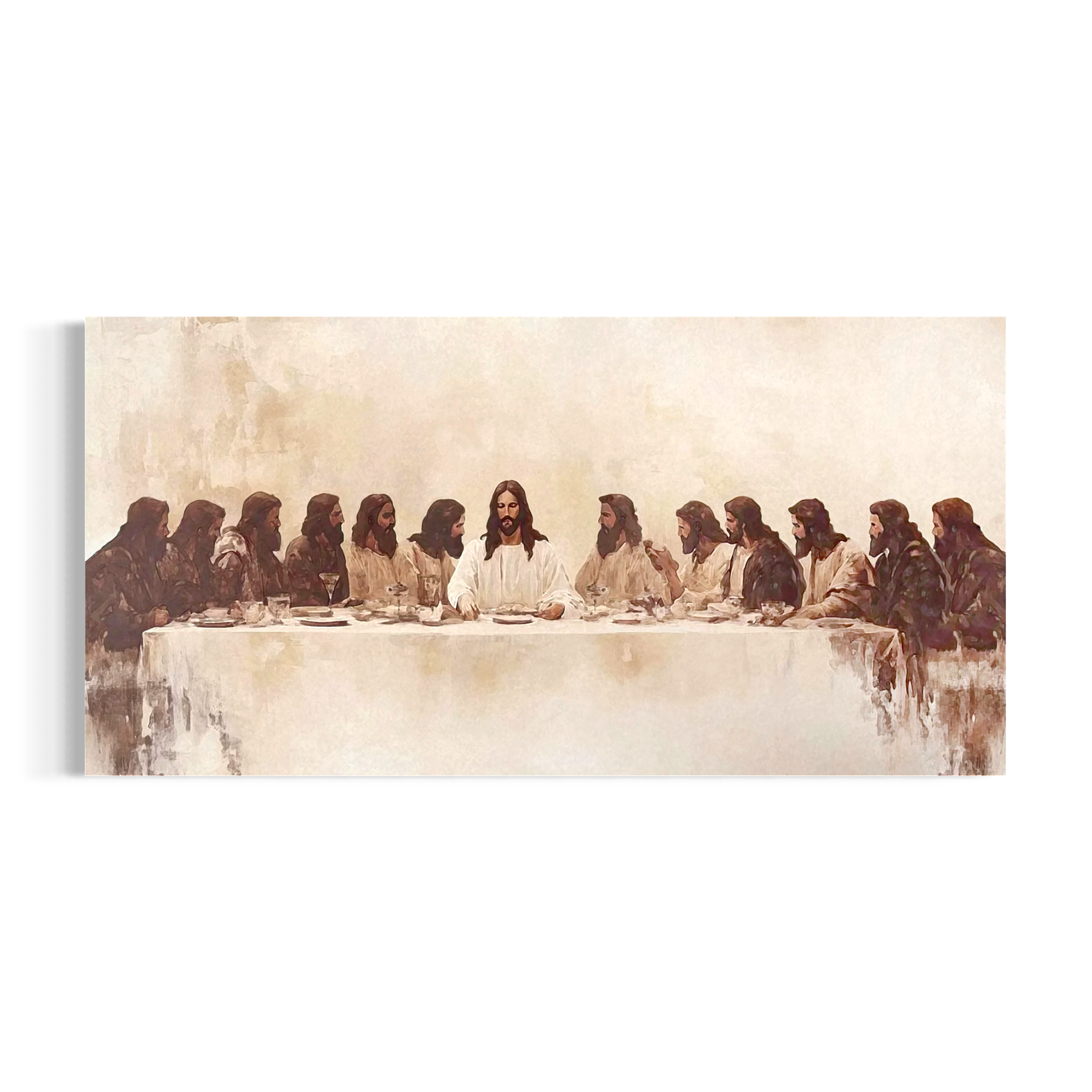 Jesus Christ sitting at the Last Supper with twelve people surrounding him, with one person standing at the end of the table.