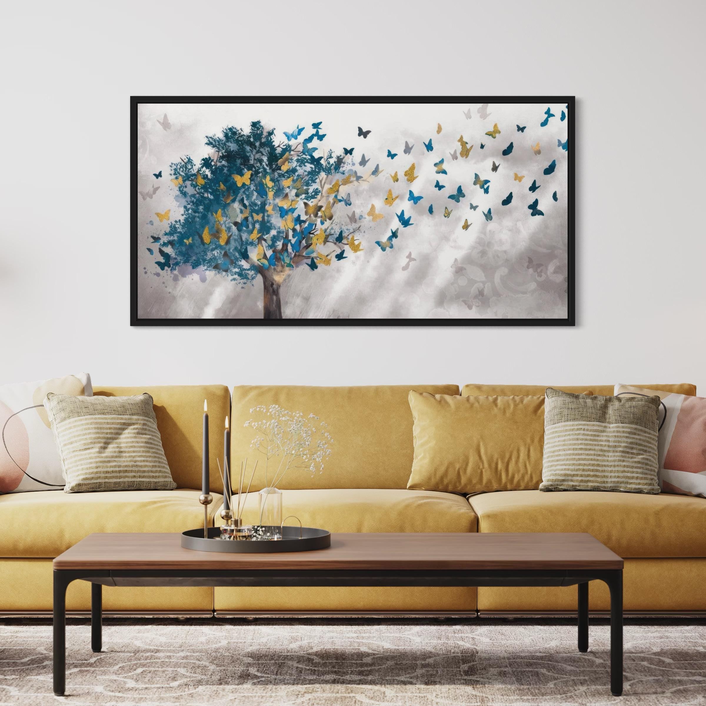 Golden Blue Butterfly Tree | Abstract Nature-Inspired Canvas Art | Poster Print