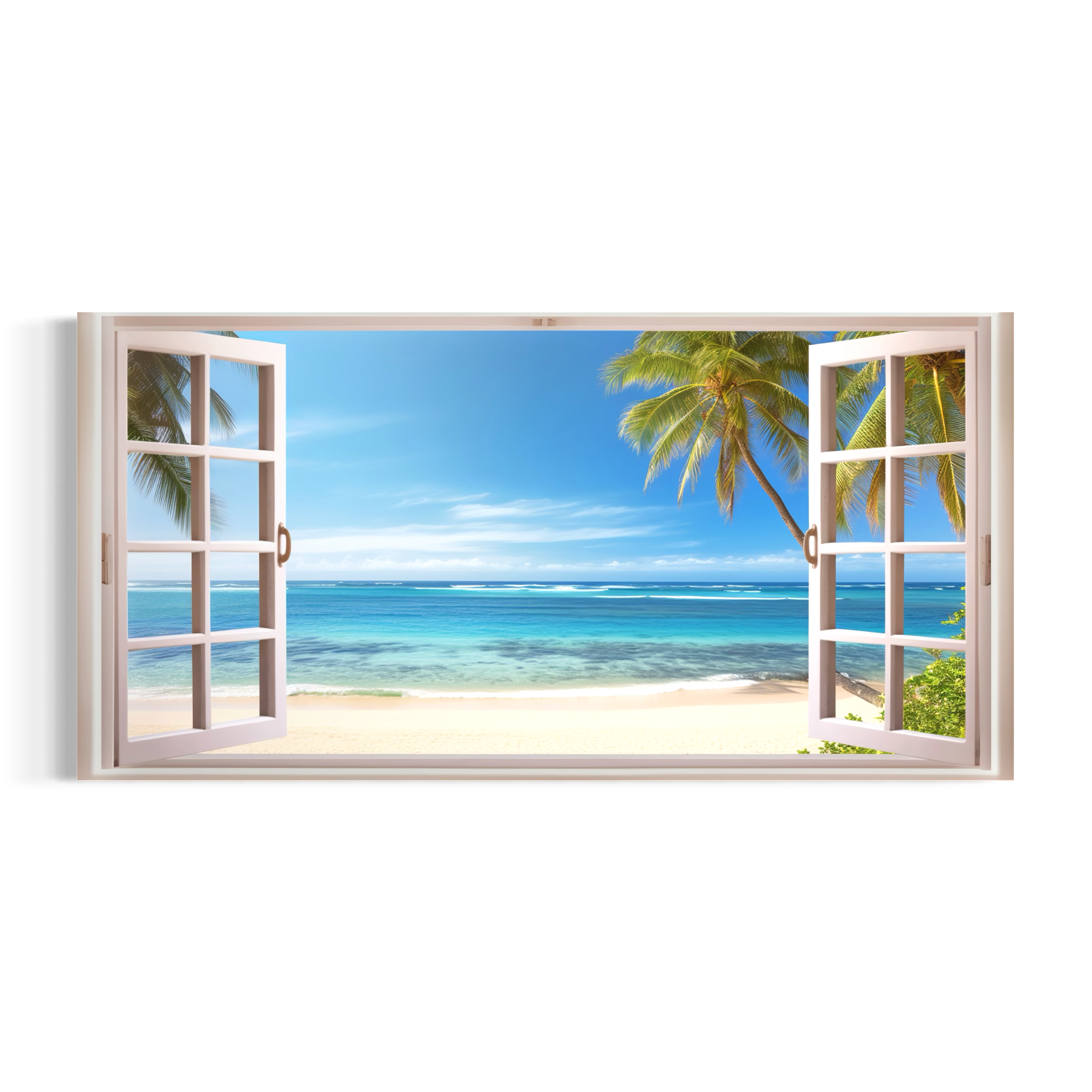 A framed view of a tropical beach through an open window, with palm trees and a clear blue sky visible.