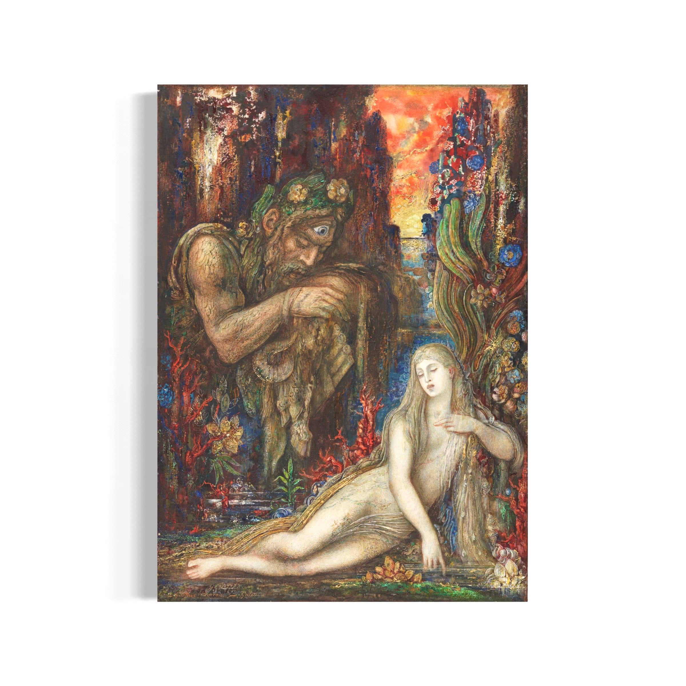 The image is a painting depicting a man and a woman in a fantastical, surreal landscape.