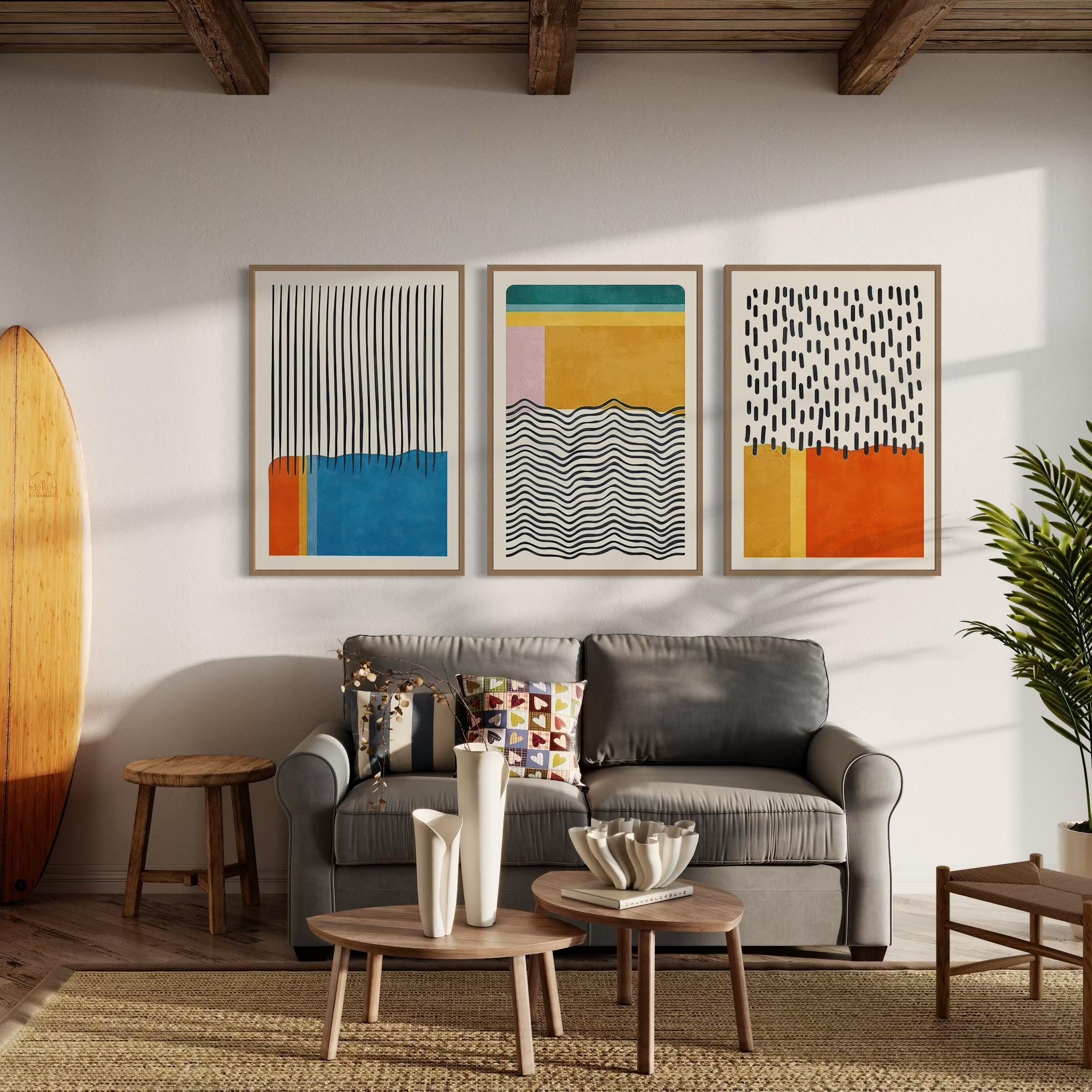 Set of 3 Color Block | Bauhaus Mid Century Modern Poster Prints | Canvas Art