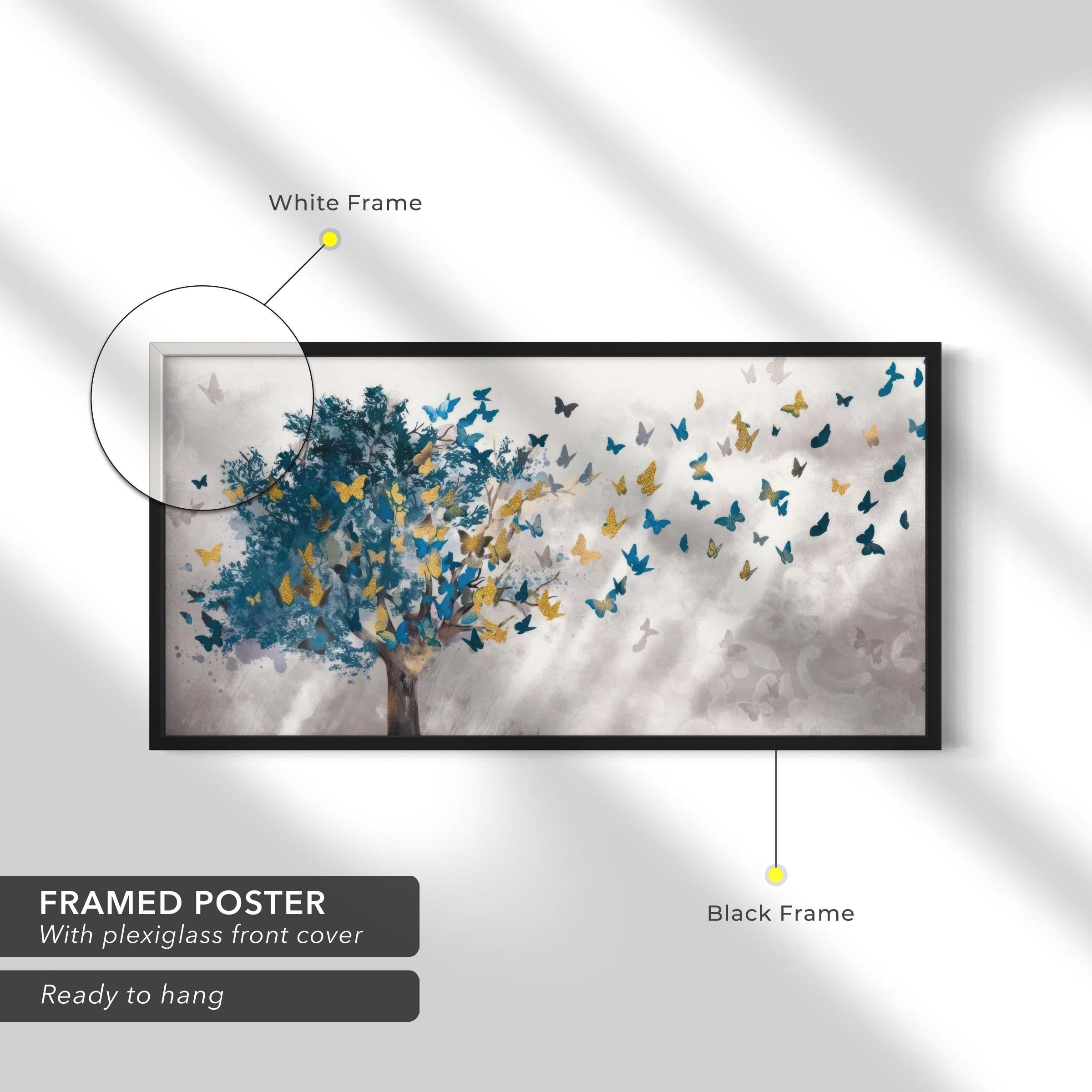 Golden Blue Butterfly Tree | Abstract Nature-Inspired Canvas Art | Poster Print