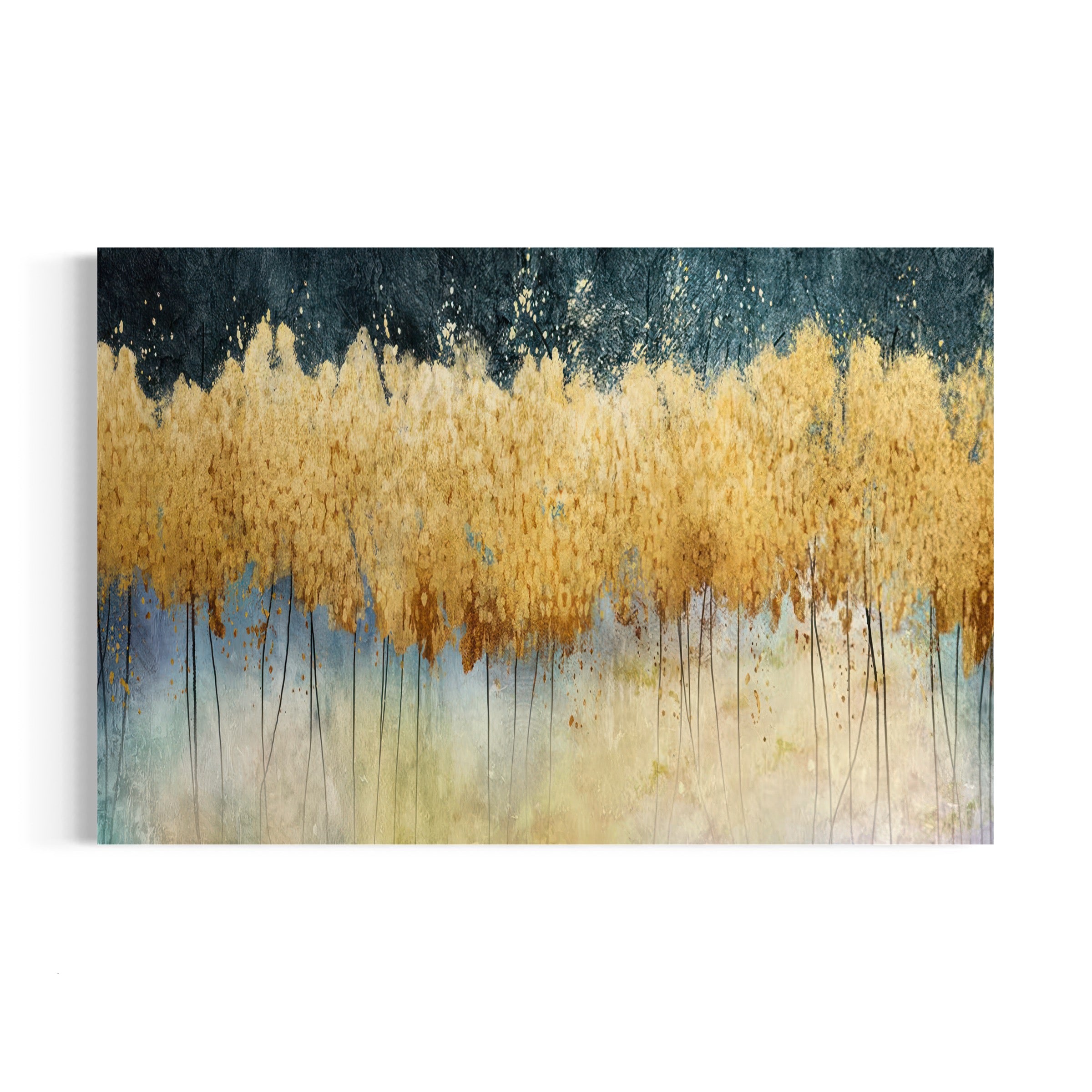 a painting of yellow and blue trees on a white background