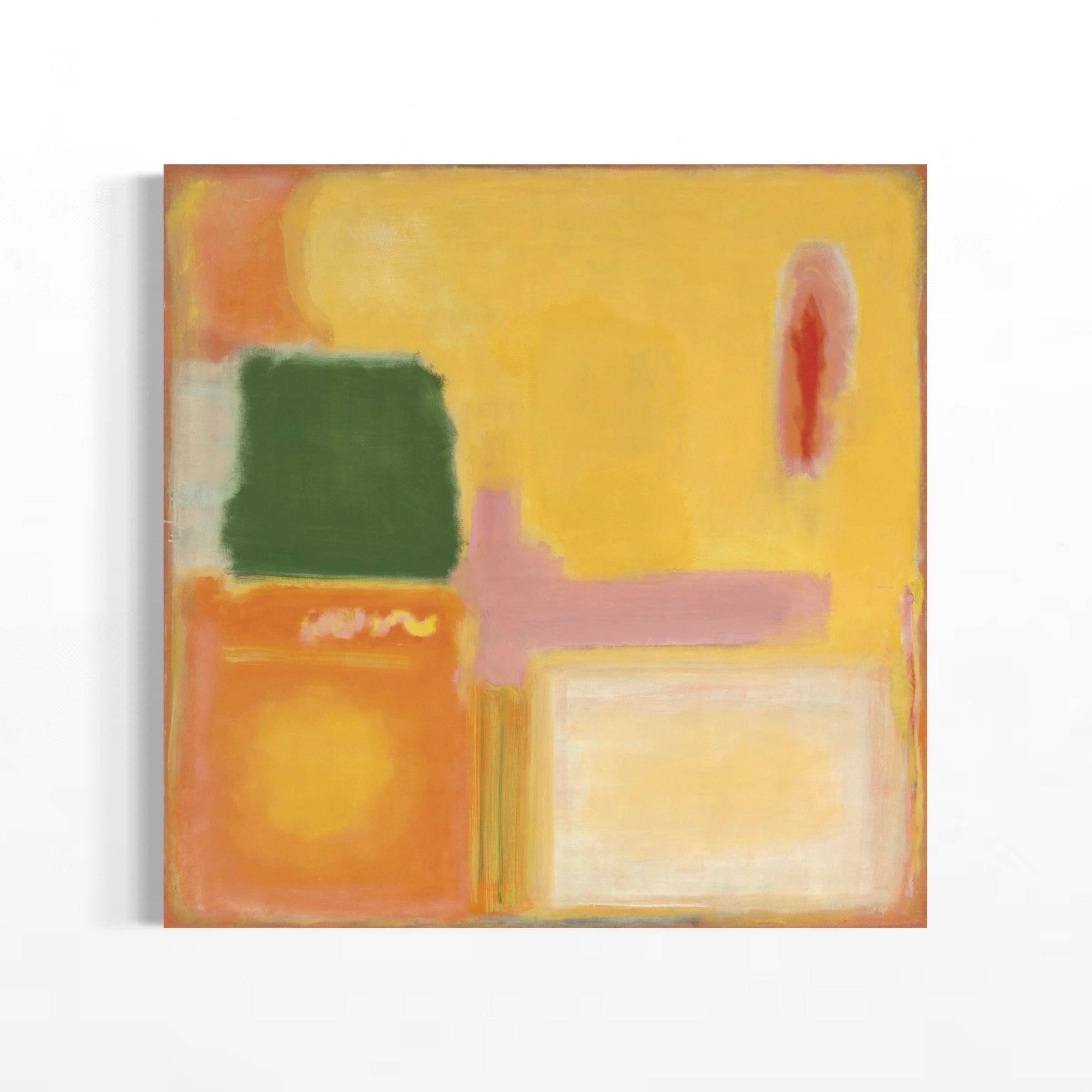 The image is an abstract painting with a vibrant color palette of yellow, green, and pink. The painting features a variety of shapes and textures, including a large green square, a smaller pink square, and a white rectangular shape. The overall composition is dynamic and visually engaging, with the use of bold colors and abstract forms creating a sense of energy and movement.