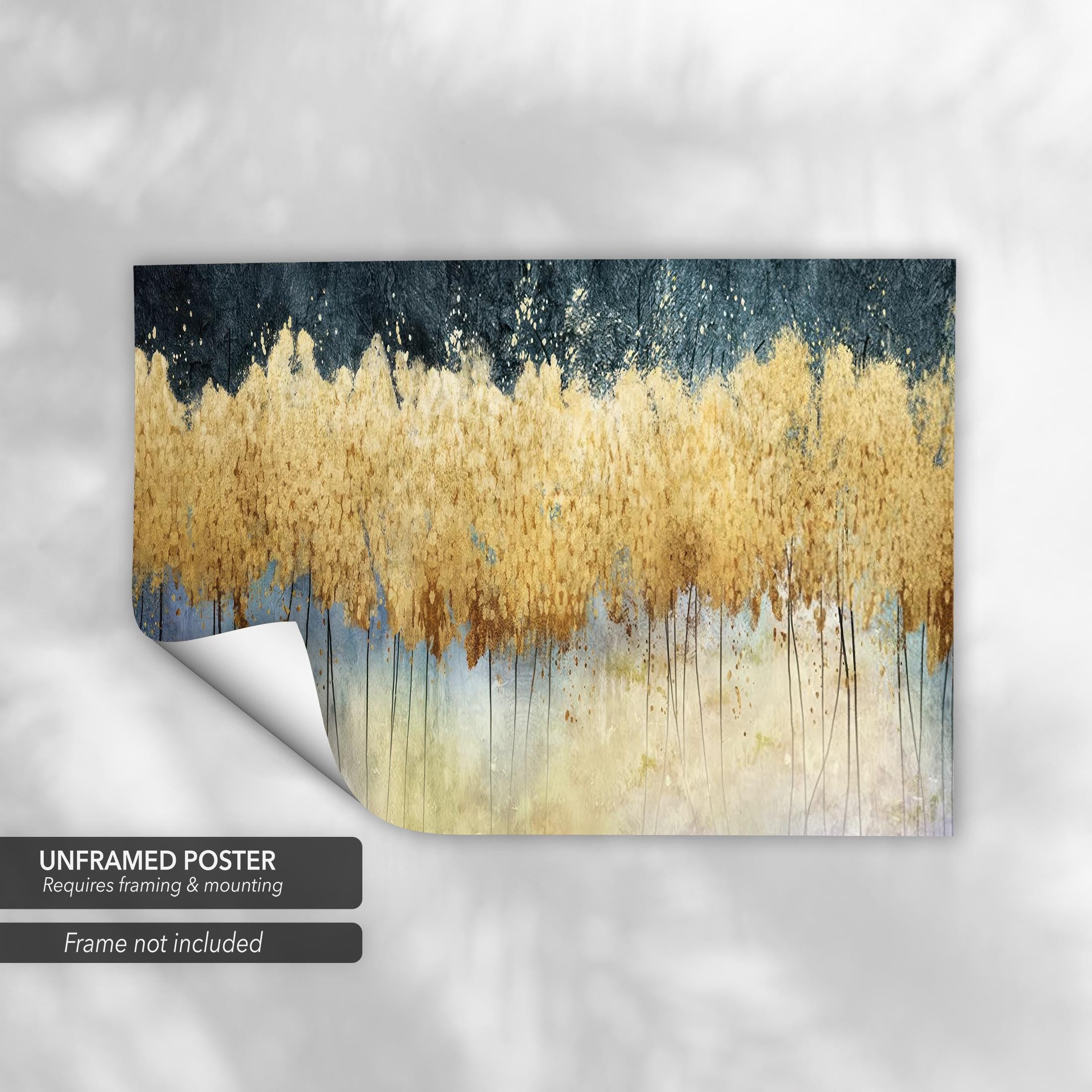 Golden Forest Abstract Landscape Painting | Teal and Gold Canvas Art | Poster Print