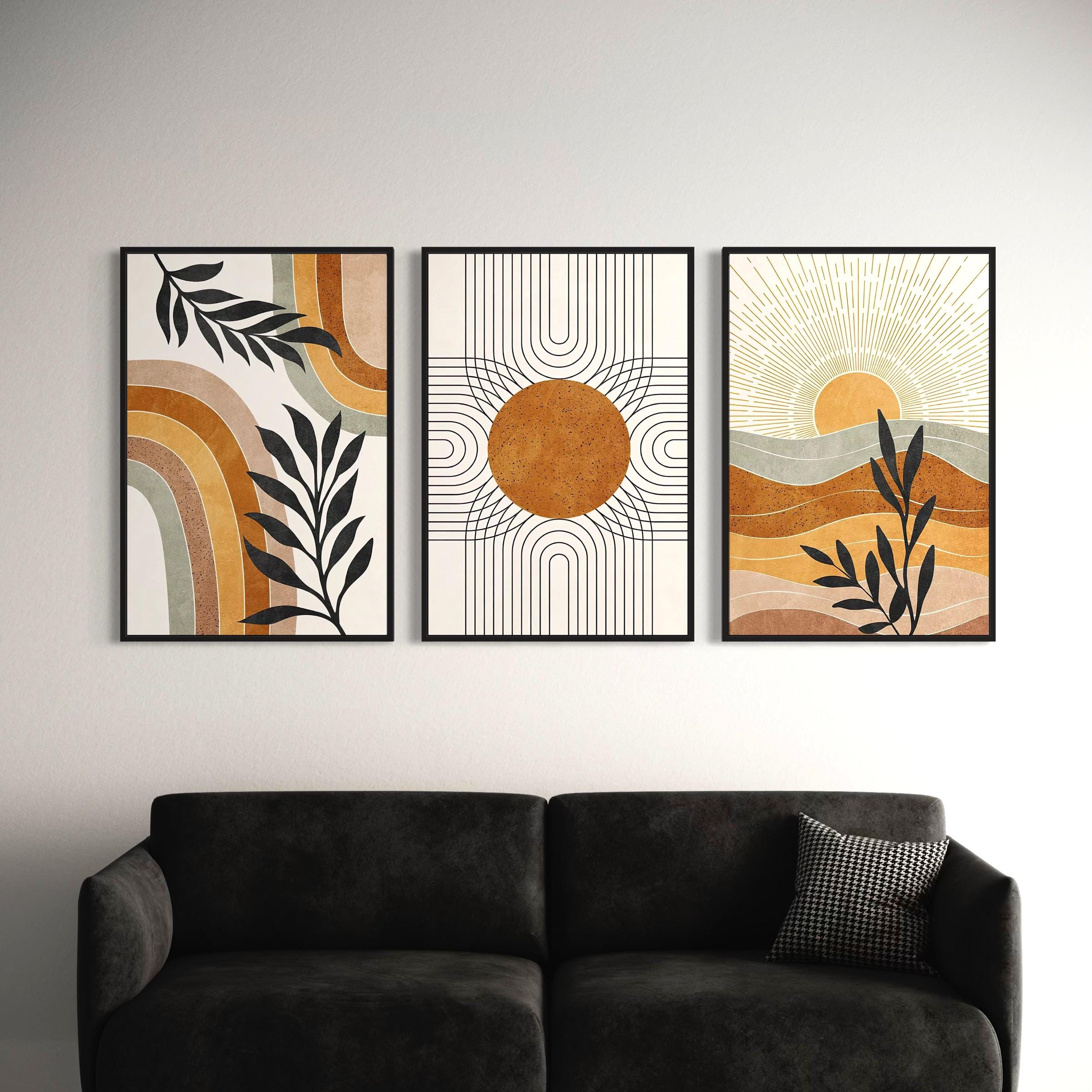 Poster Wall Art Set of 3 Prints | Geometric Sun Desert Plants Canvas | Mid Century Modern Boho