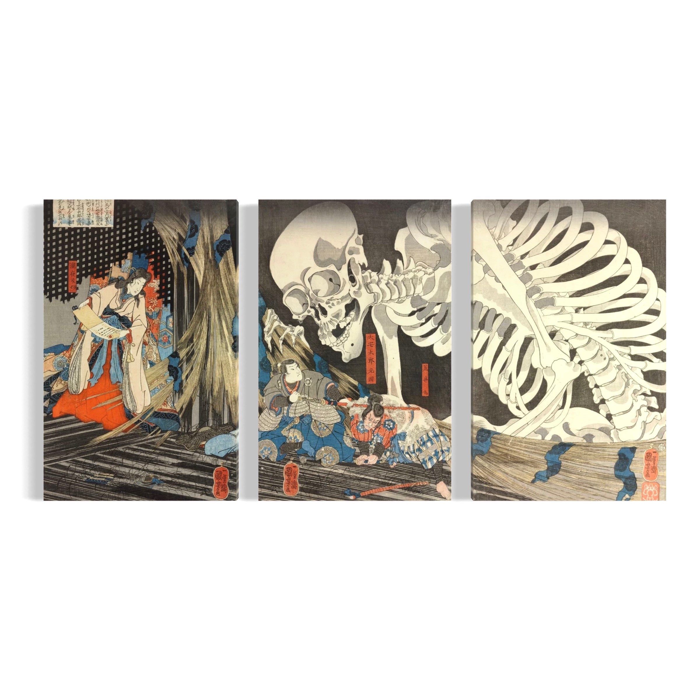 The image is a triptych of Japanese woodblock prints depicting scenes with a skeleton, a woman, and a dragon.