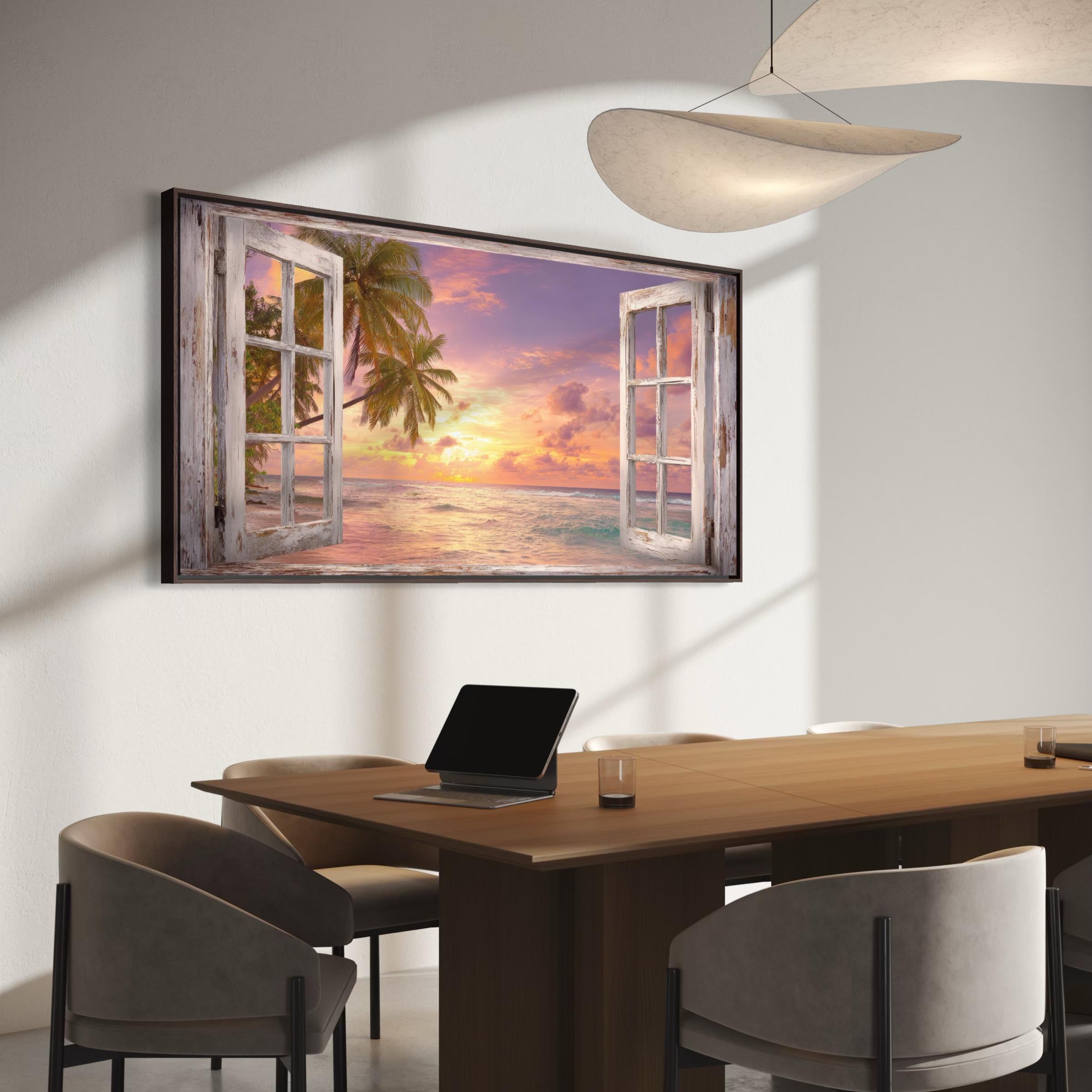 Window View Wall Art Canvas Poster Print | Tropical Beach Sunset | Palm Tree Coastal Art